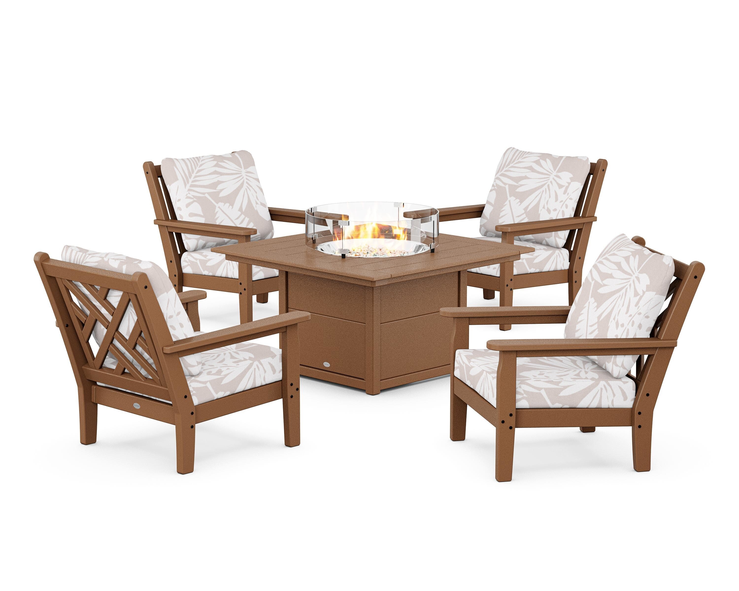 POLYWOOD® Chippendale 5-Piece Deep Seating Set with Fire Pit Table in Teak / Leaf Dune Burlap