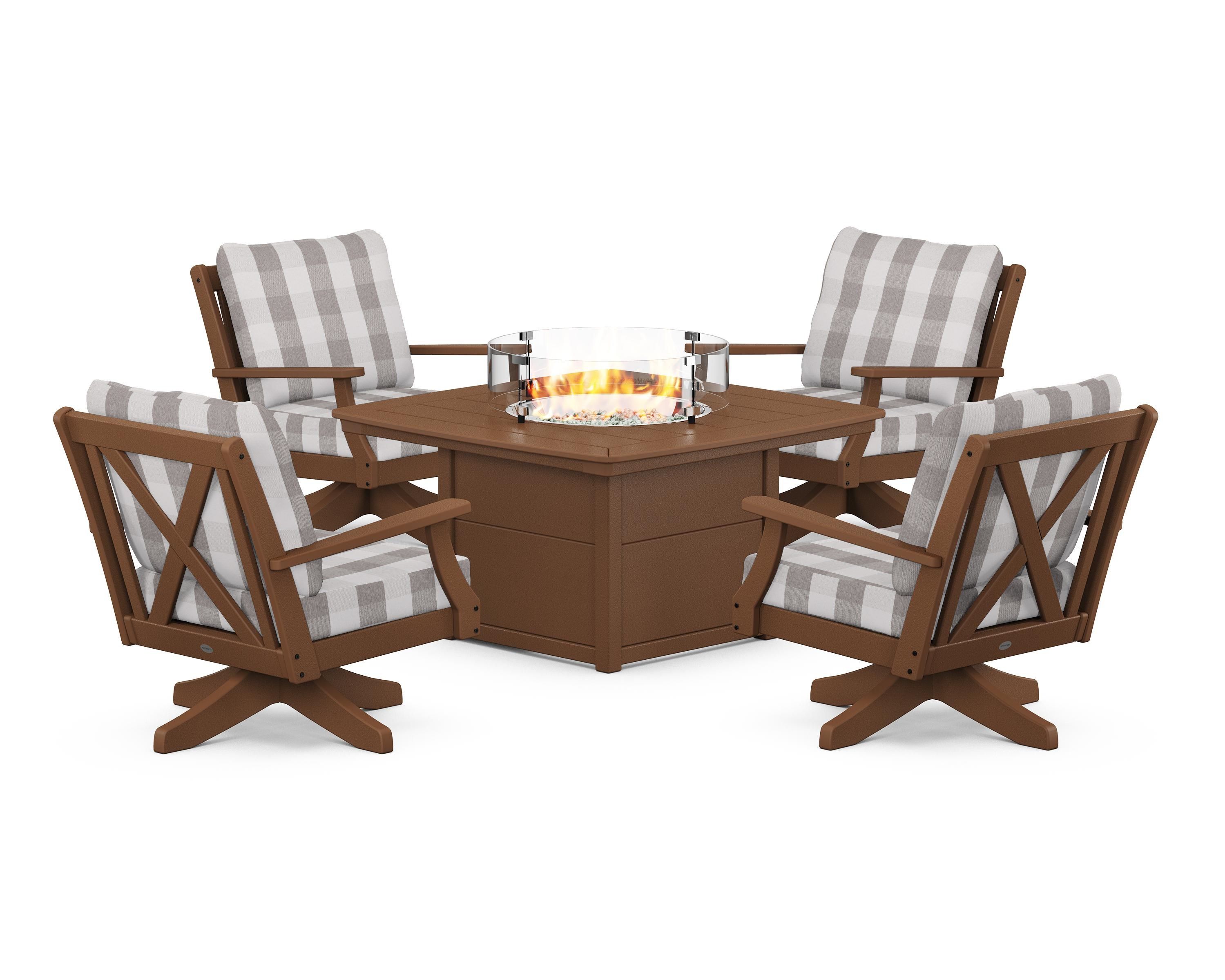 POLYWOOD® Braxton 5-Piece Deep Seating Swivel Conversation Set with Fire Pit Table in Teak / Buffalo Plaid Grey Mist