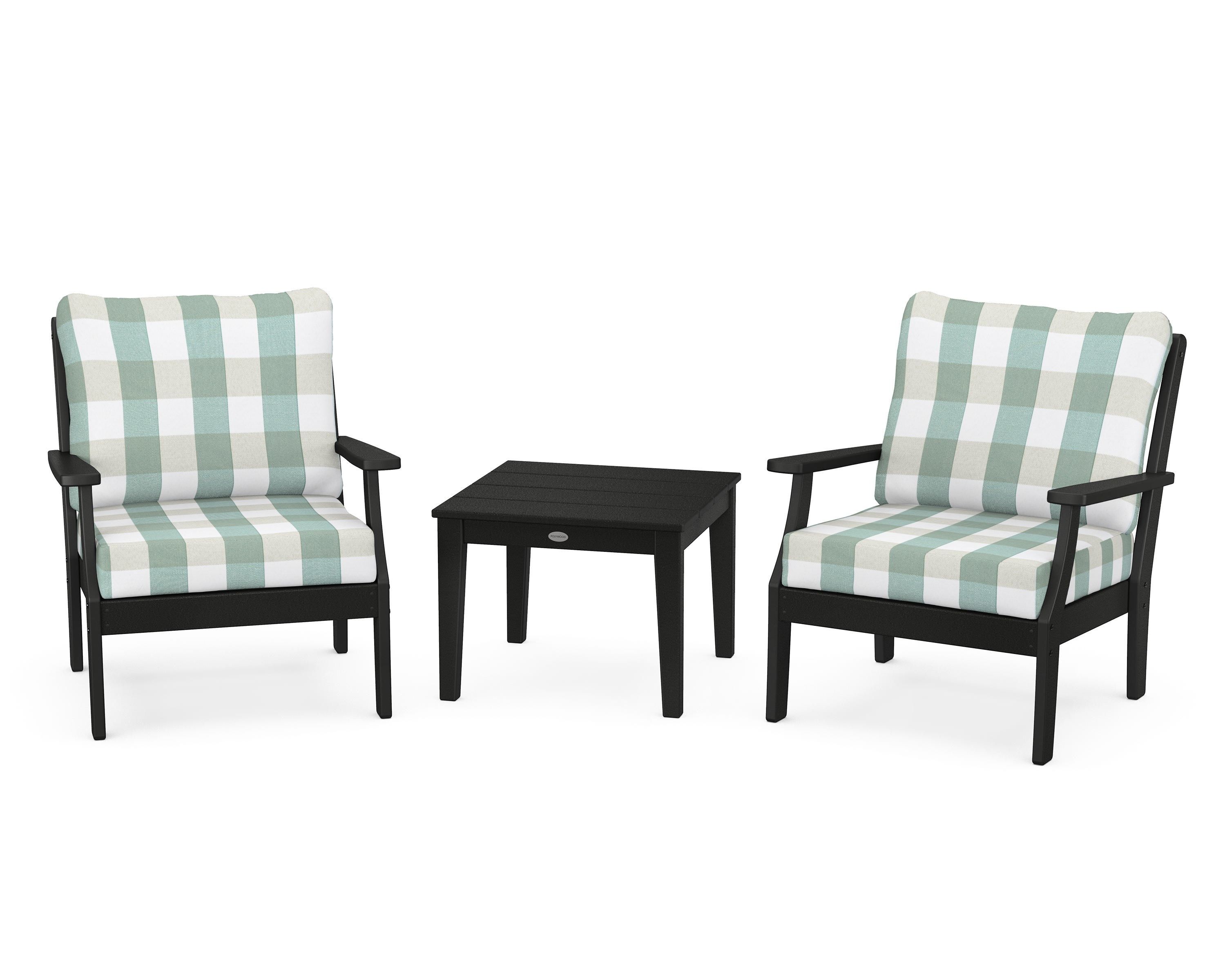 POLYWOOD® Braxton 3-Piece Deep Seating Set in Black / Buffalo Plaid Glacier Spa