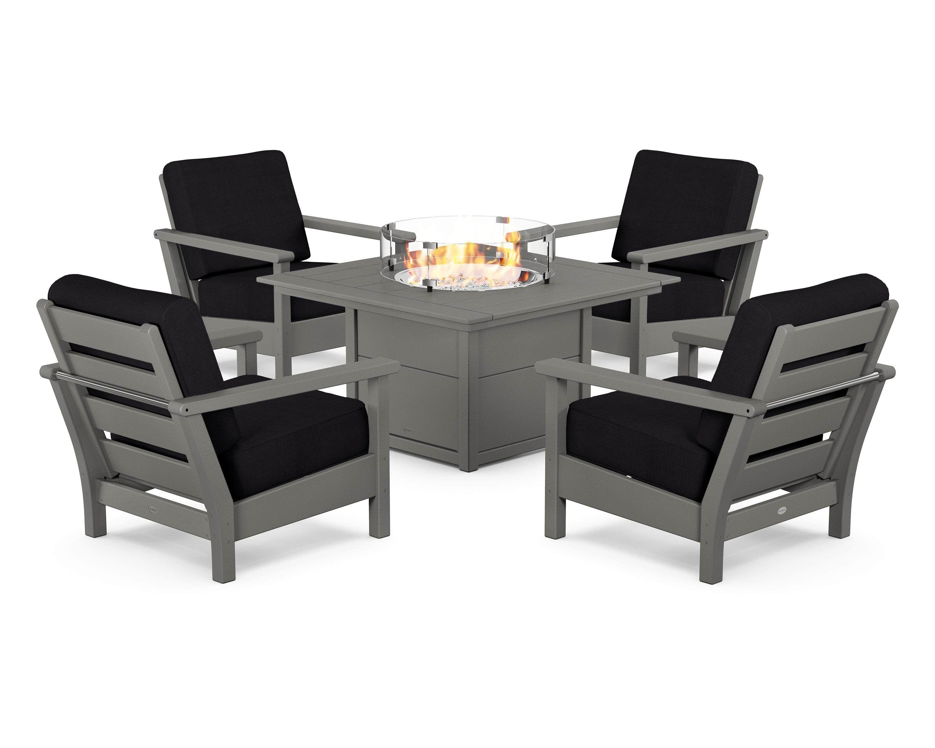 POLYWOOD® Harbour 5-Piece Conversation Set with Fire Pit Table in Slate Grey / Midnight Linen