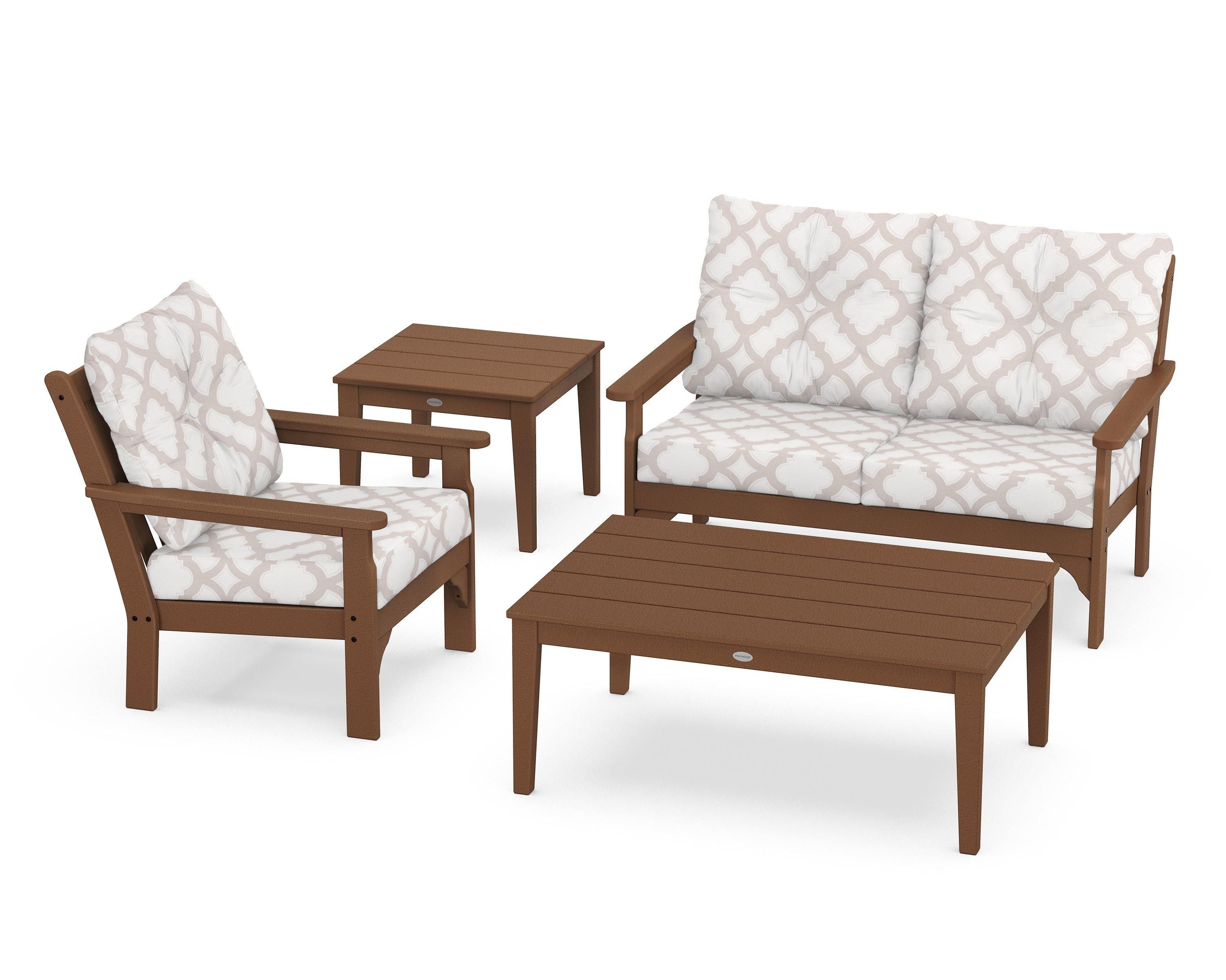 POLYWOOD® Vineyard 4-Piece Deep Seating Set in Teak / Trellis Dune Burlap