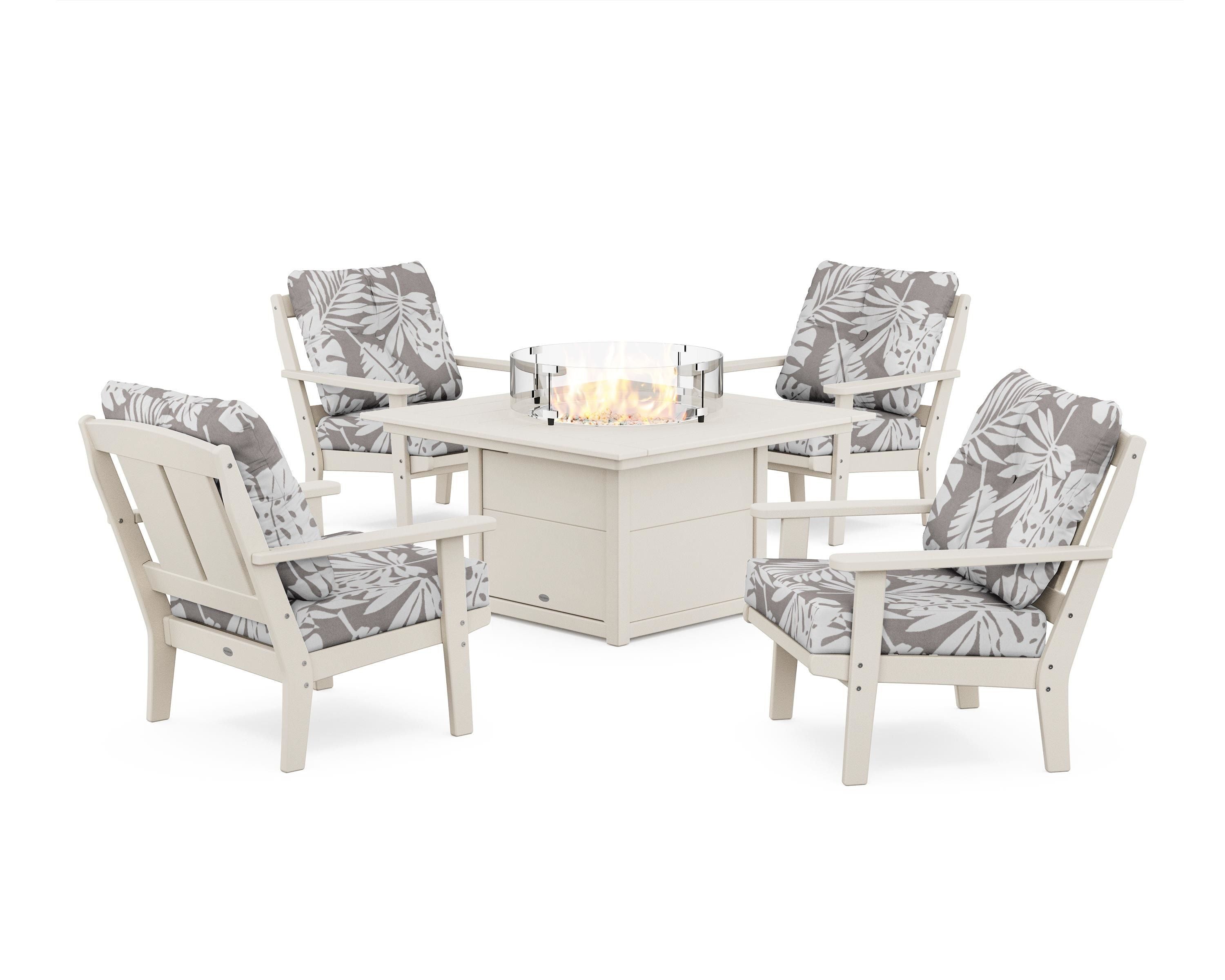 POLYWOOD® Mission 5-Piece Deep Seating Set with Fire Pit Table in Sand / Leaf Grey Mist