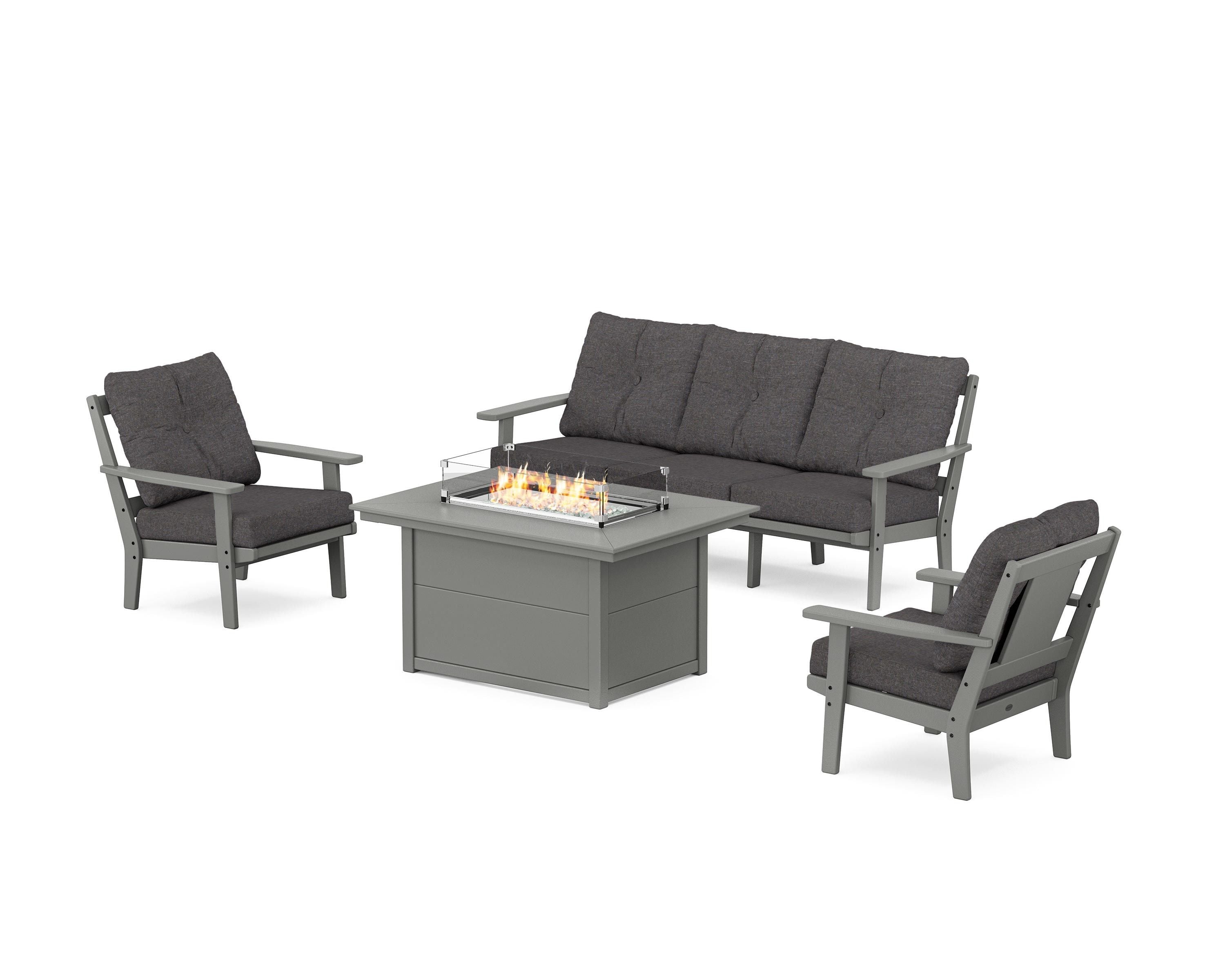 POLYWOOD® Prairie Deep Seating Fire Pit Table Set in Slate Grey / Ash Charcoal