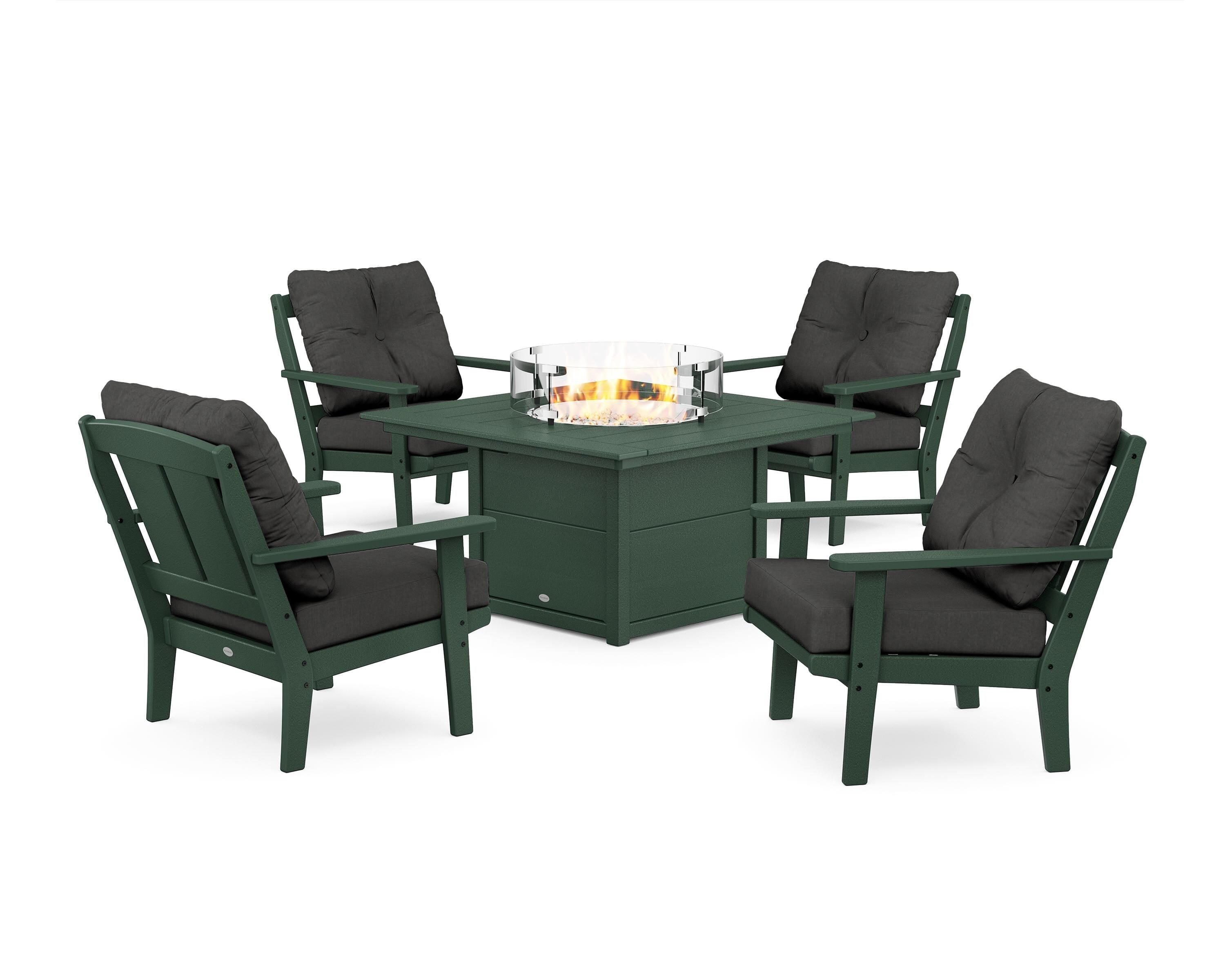POLYWOOD® Mission 5-Piece Deep Seating Set with Fire Pit Table in Green / Spectrum Carbon