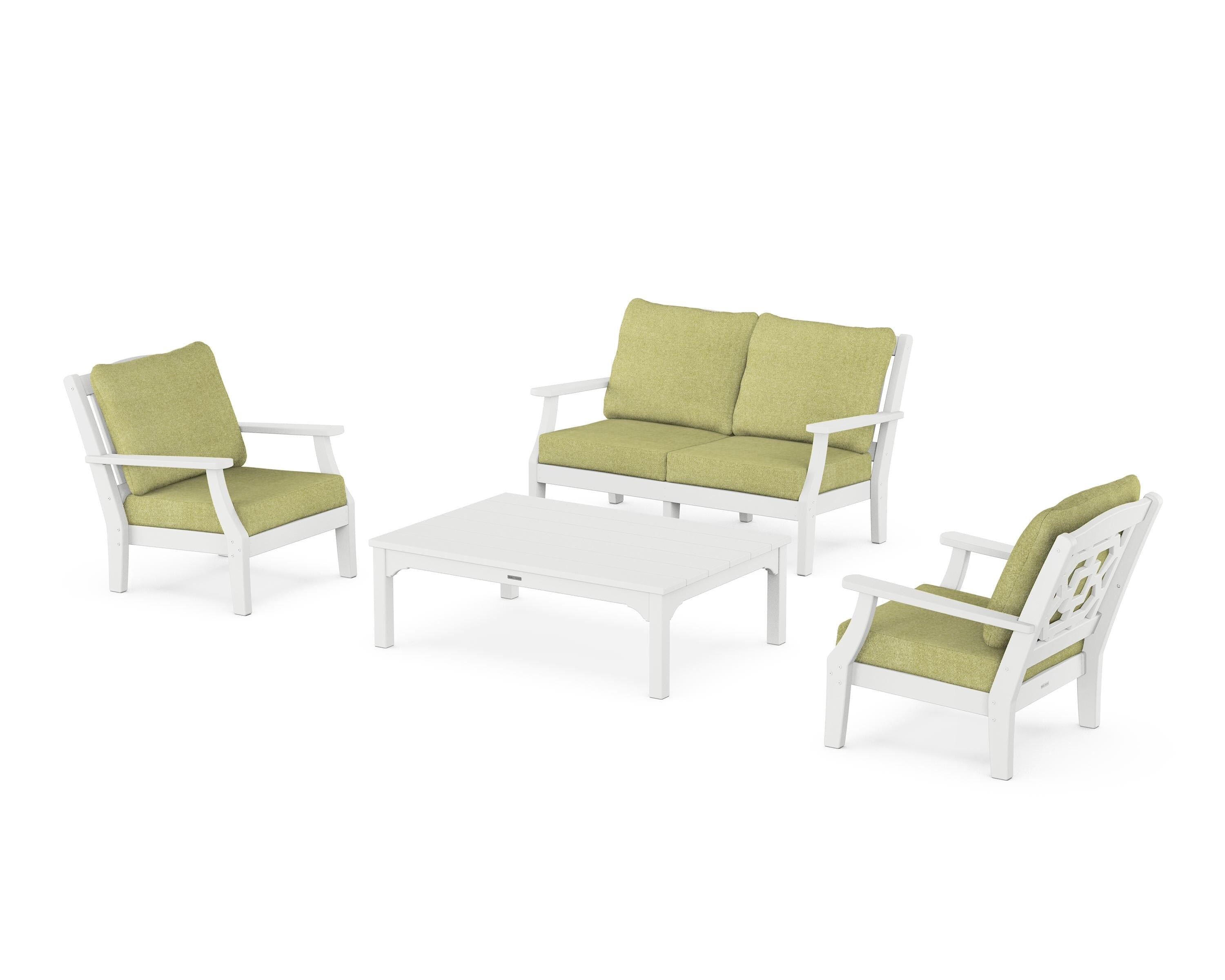Martha Stewart by POLYWOOD® Chinoiserie 4-Piece Deep Seating Set with Loveseat in White / Chartreuse Boucle