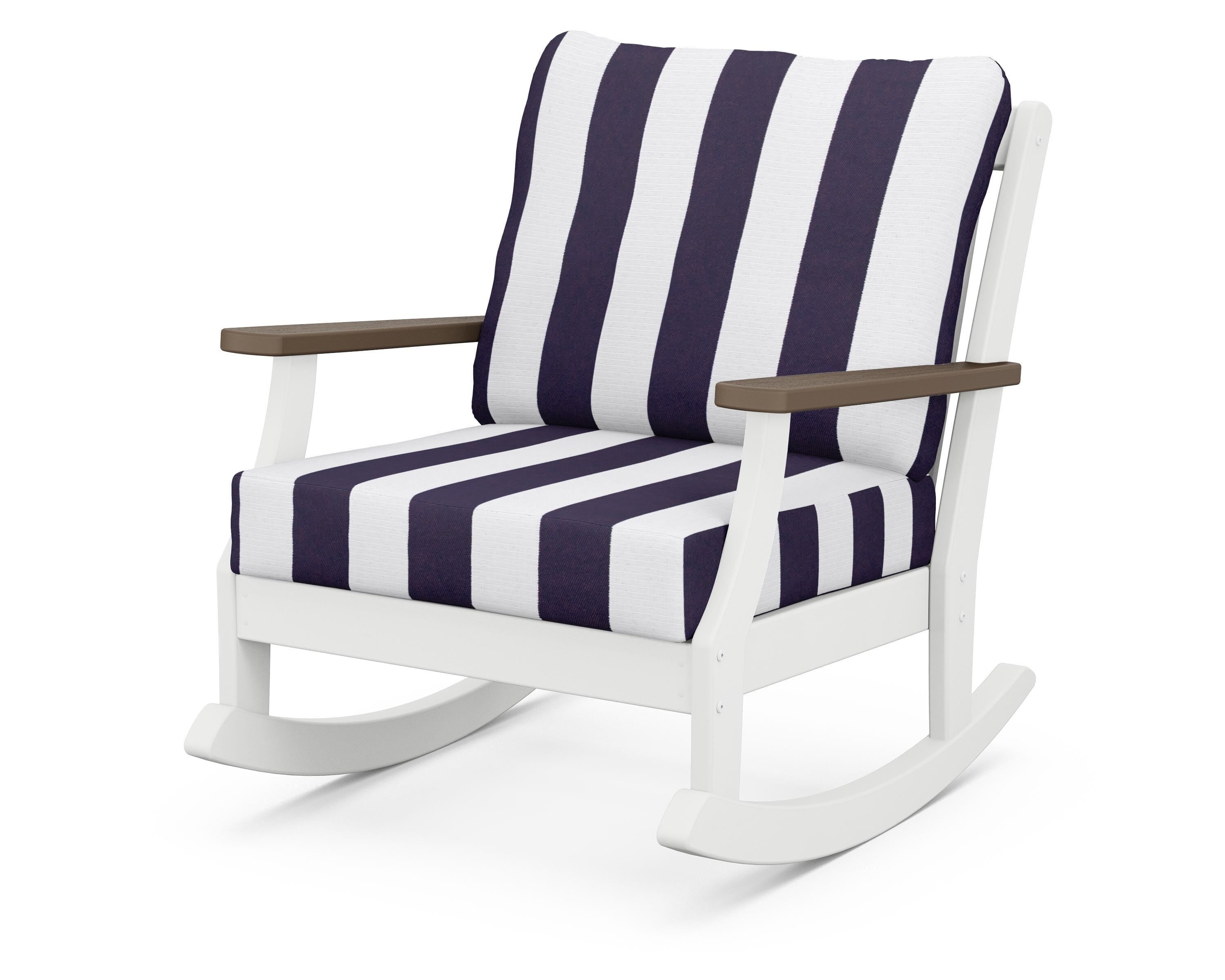 POLYWOOD® Braxton Deep Seating Rocking Chair in White / Kona / Cabana Stripe Navy
