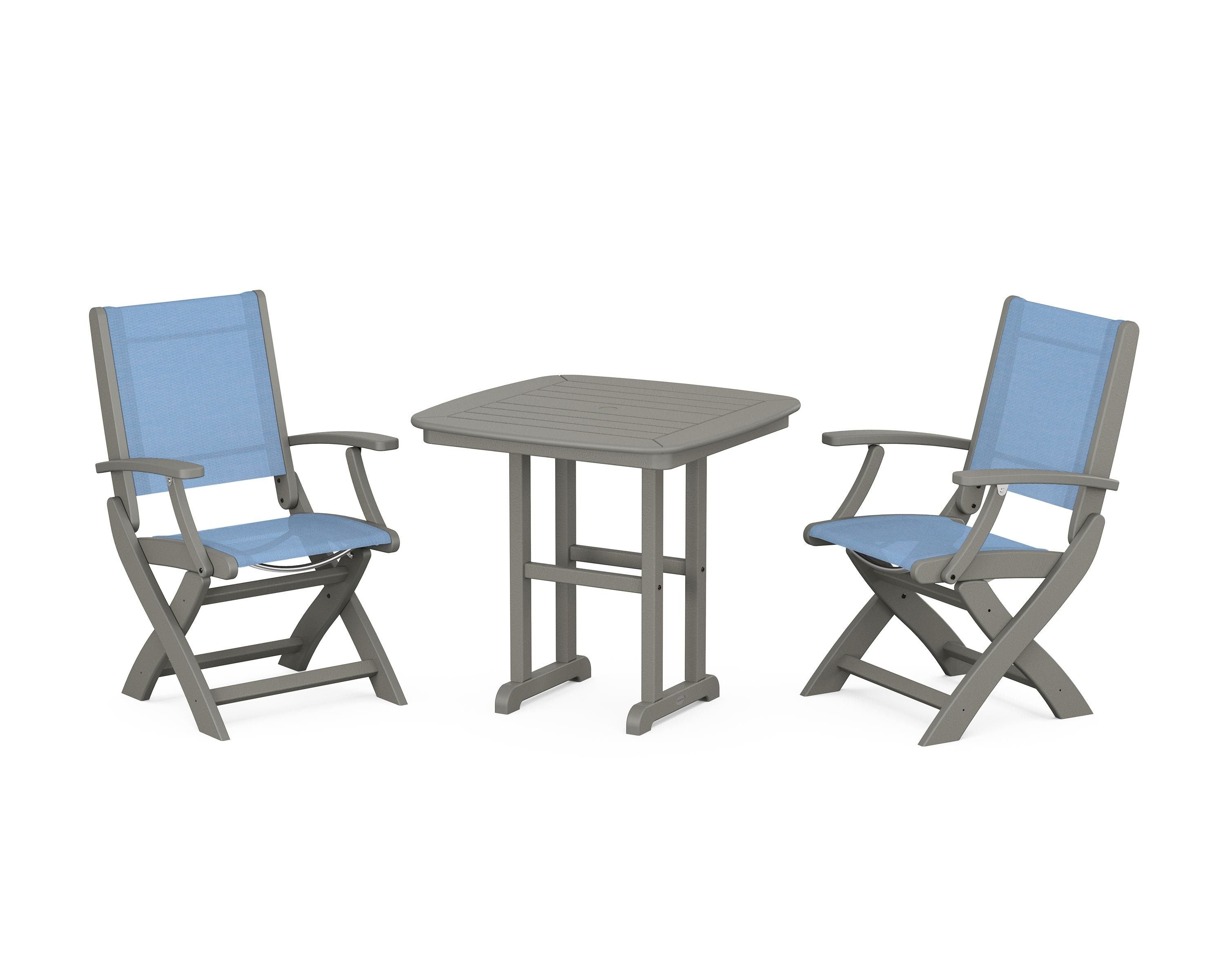 POLYWOOD® Coastal Folding Chair 3-Piece Dining Set in Slate Grey / Poolside Sling