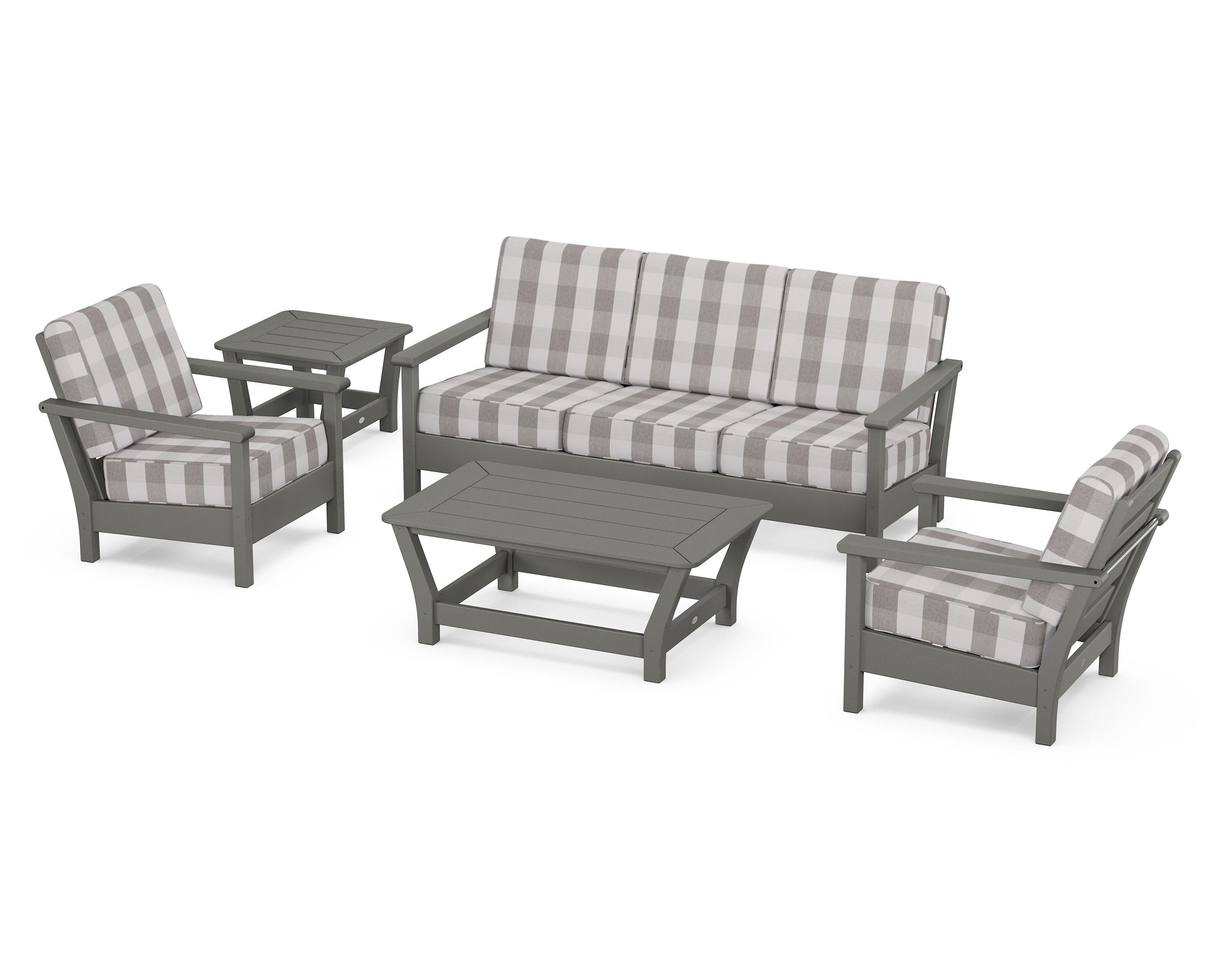 POLYWOOD® Harbour 5-Piece Deep Seating Set in Slate Grey / Buffalo Plaid Grey Mist