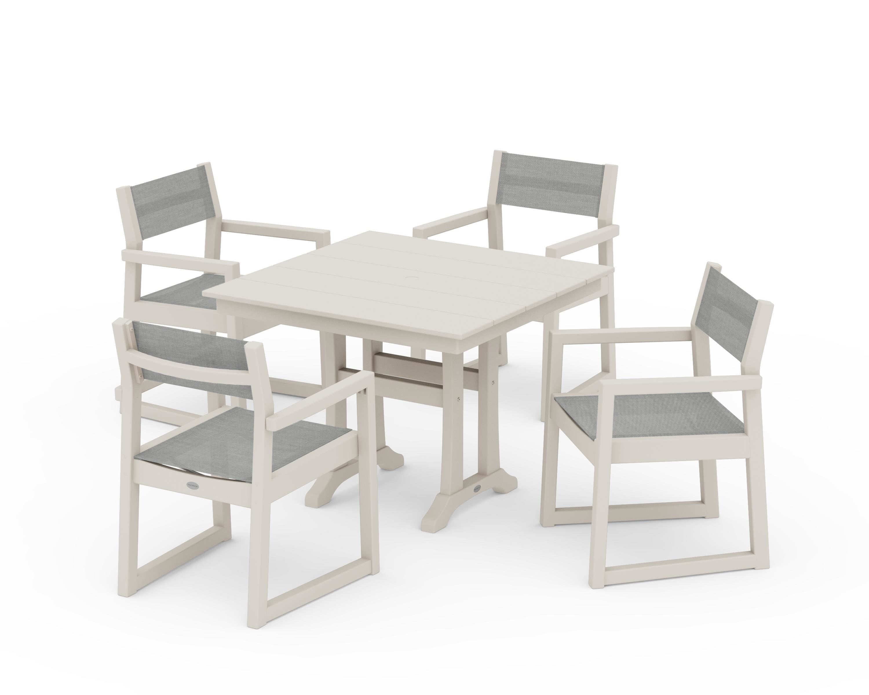 POLYWOOD® EDGE Sling 5-Piece Farmhouse Dining Set with Trestle Legs in Sand / Metallic Sling