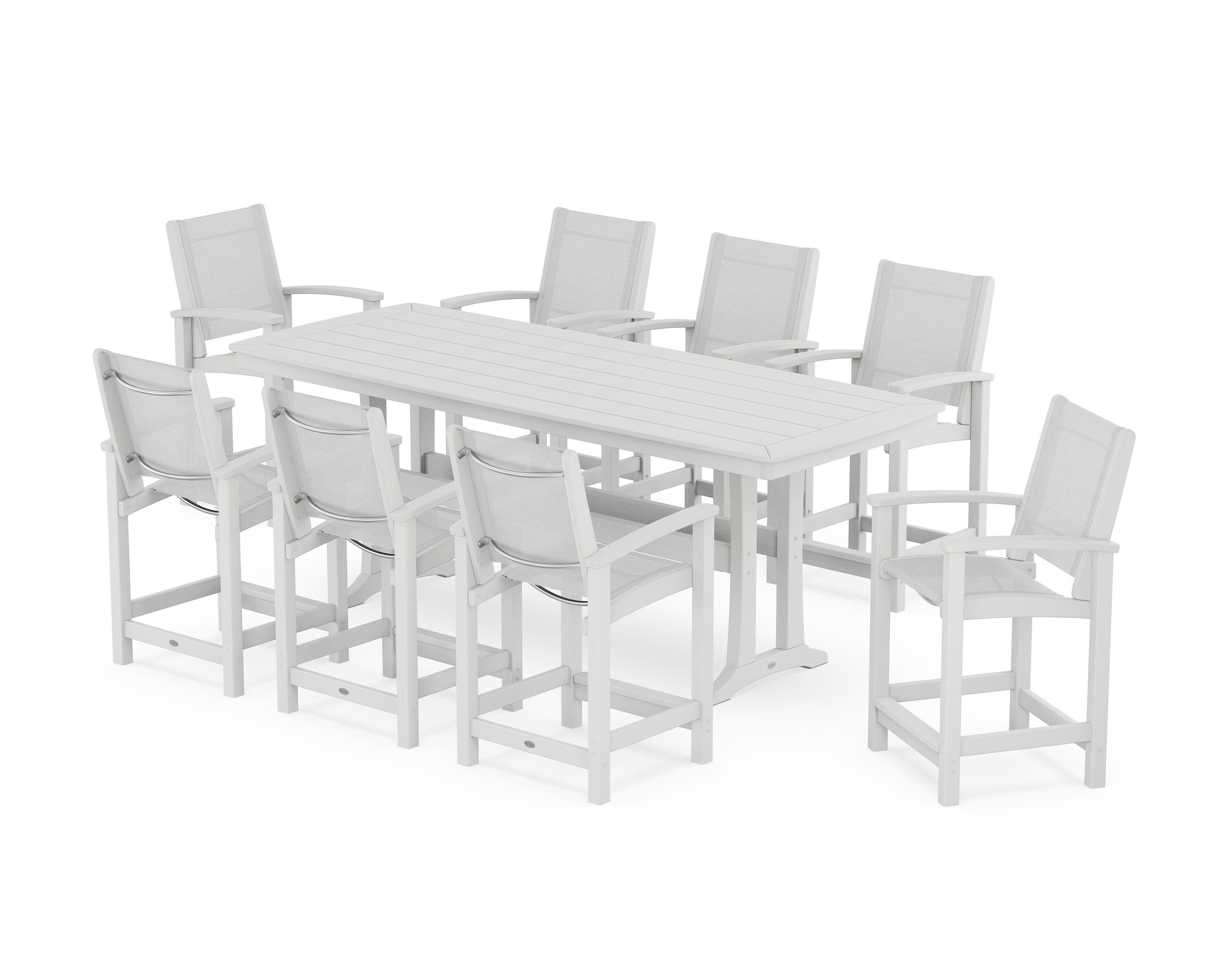 POLYWOOD® Coastal 9-Piece Counter Set with Trestle Legs in White / White Sling