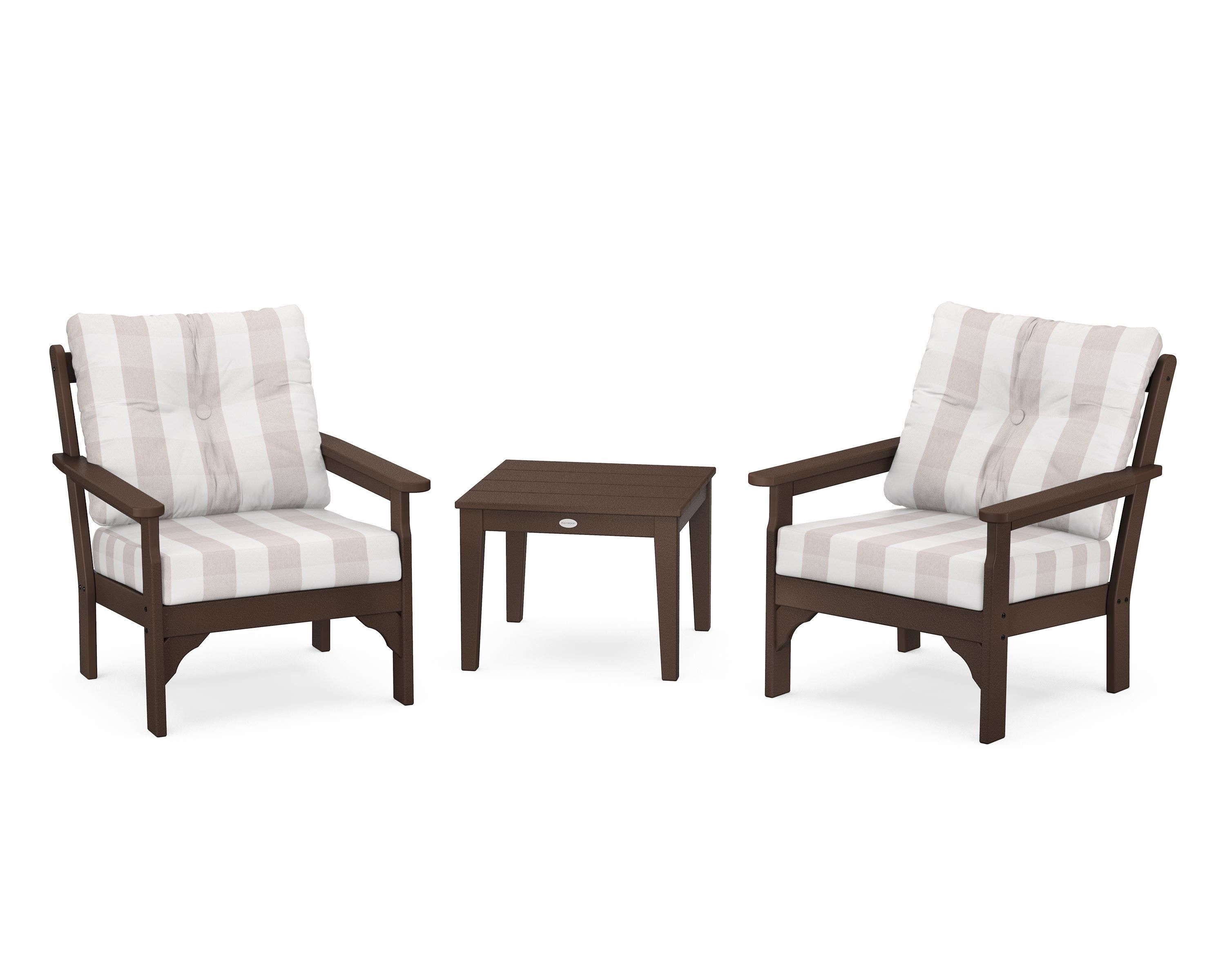 POLYWOOD® Vineyard 3-Piece Deep Seating Set in Mahogany / Buffalo Plaid Dune Burlap