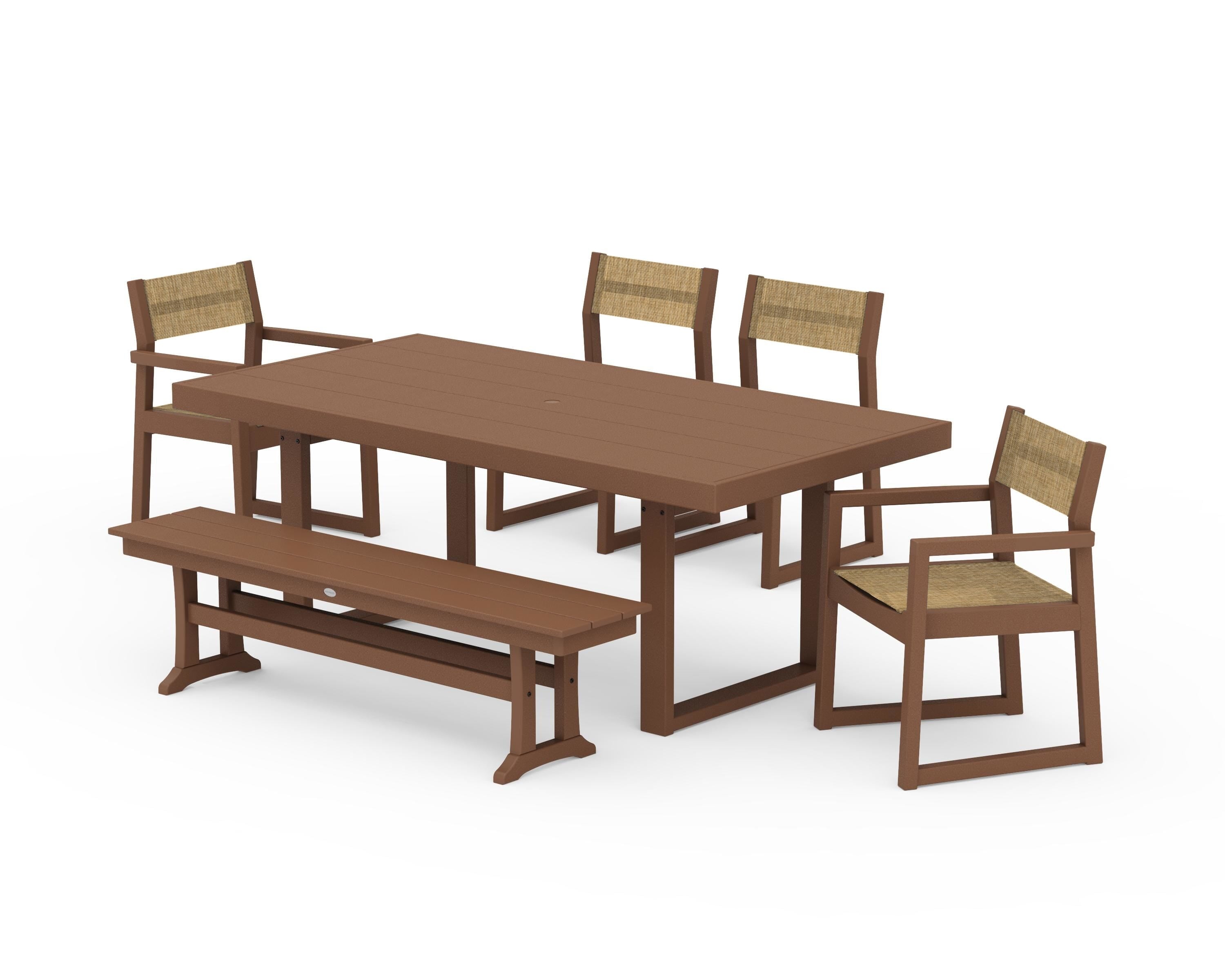 POLYWOOD® EDGE Sling 6-Piece Dining Set with Bench in Teak / Burlap Sling