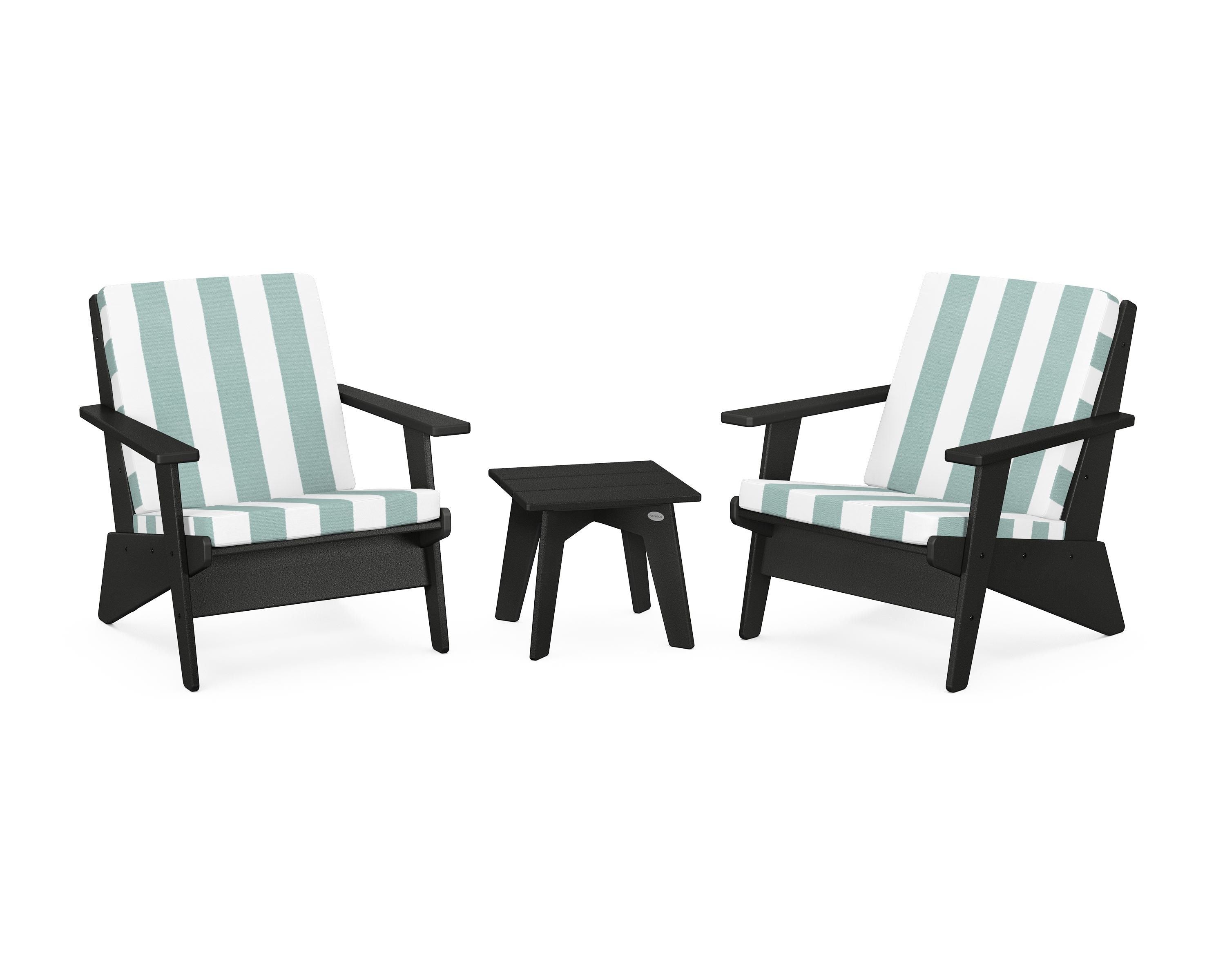 POLYWOOD® Riviera Modern Lounge 3-Piece Set in Black / Cabana Stripe Glacier Spa