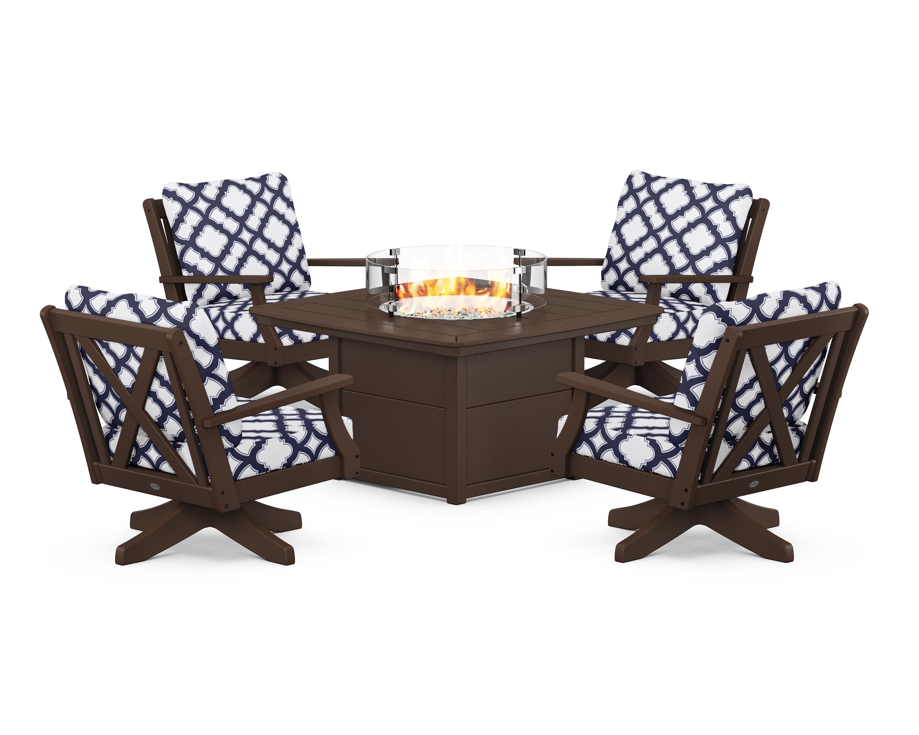 POLYWOOD® Braxton 5-Piece Deep Seating Swivel Conversation Set with Fire Pit Table in Mahogany / Trellis Navy
