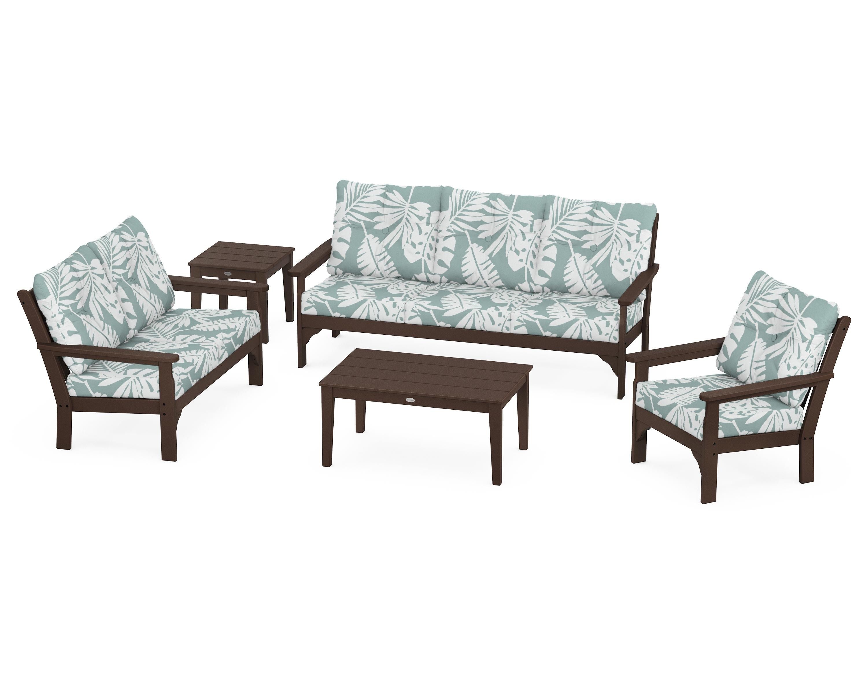 POLYWOOD® Vineyard 5 Piece Deep Seating Set in Mahogany / Leaf Glacier Spa