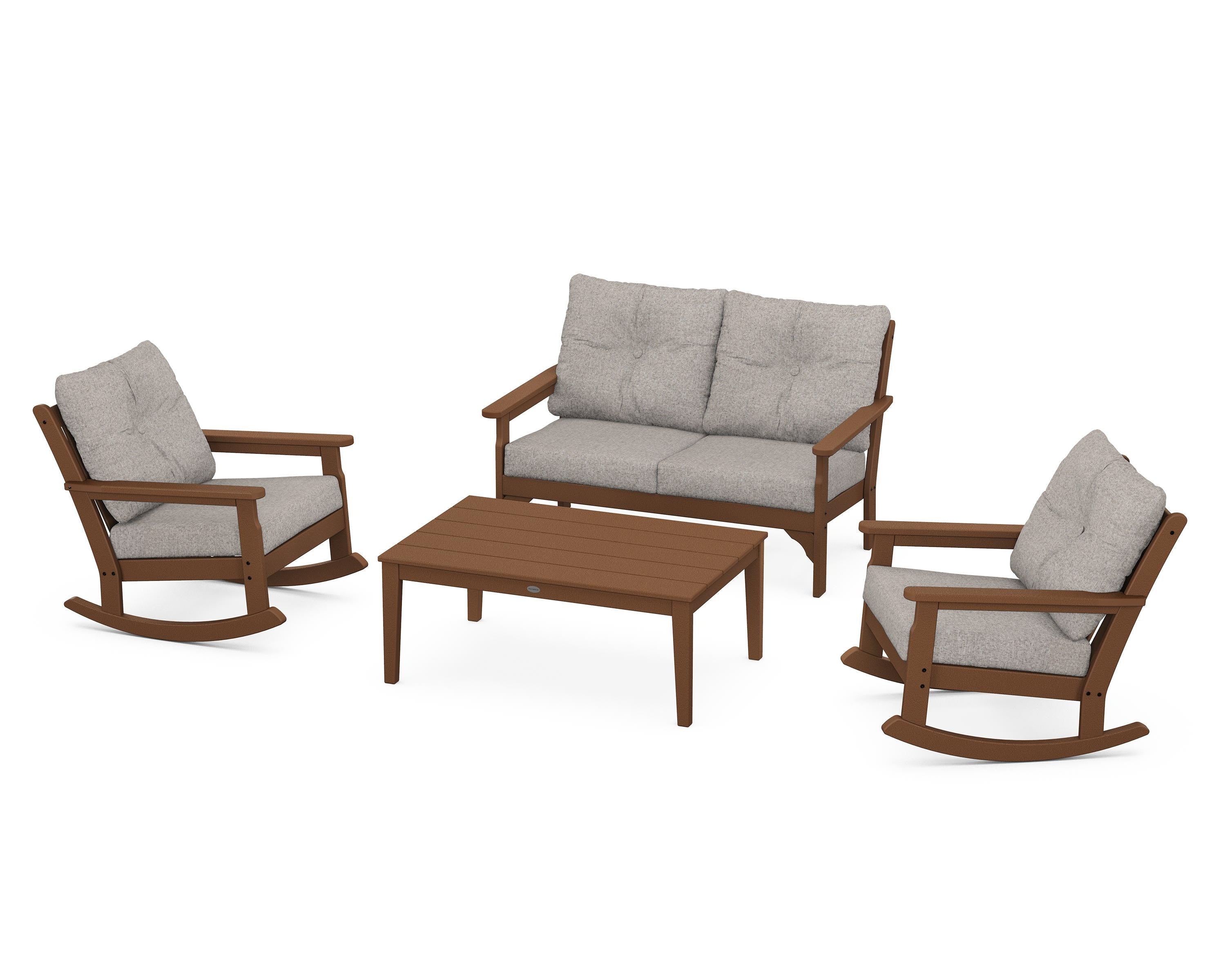 POLYWOOD® Vineyard 4-Piece Deep Seating Rocking Chair Set in Teak / Weathered Tweed