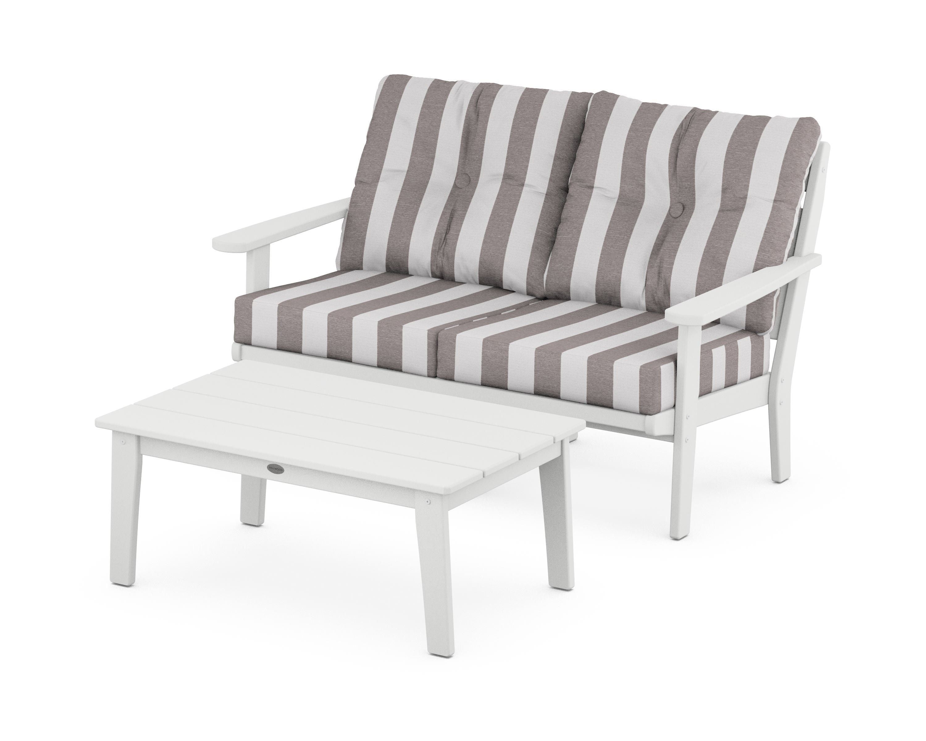 POLYWOOD® Lakeside 2-Piece Lounge Loveseat Set in White / Cabana Stripe Grey Mist