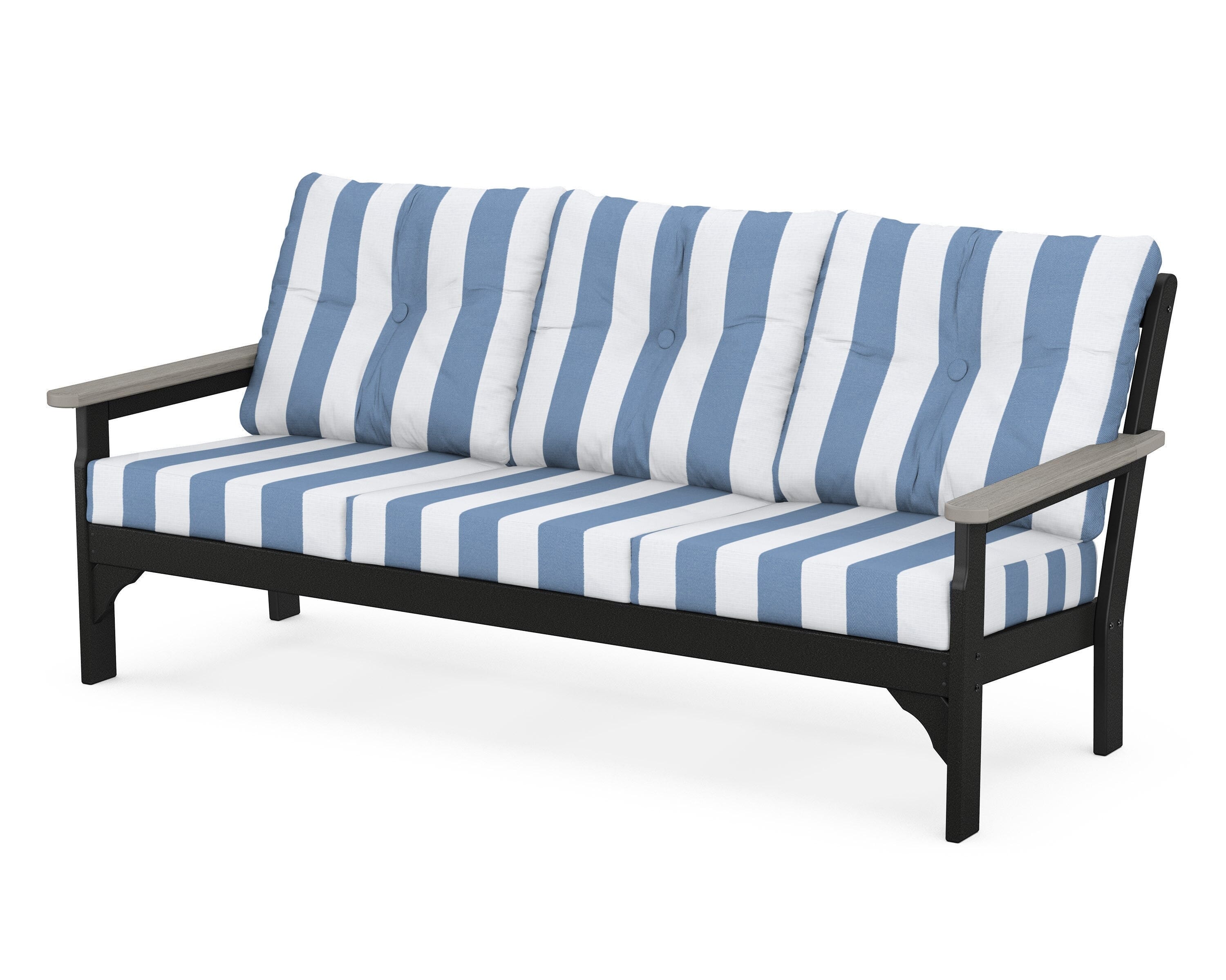 POLYWOOD® Vineyard Deep Seating Sofa in Black / Driftwood / Cabana Stripe Sky Blue