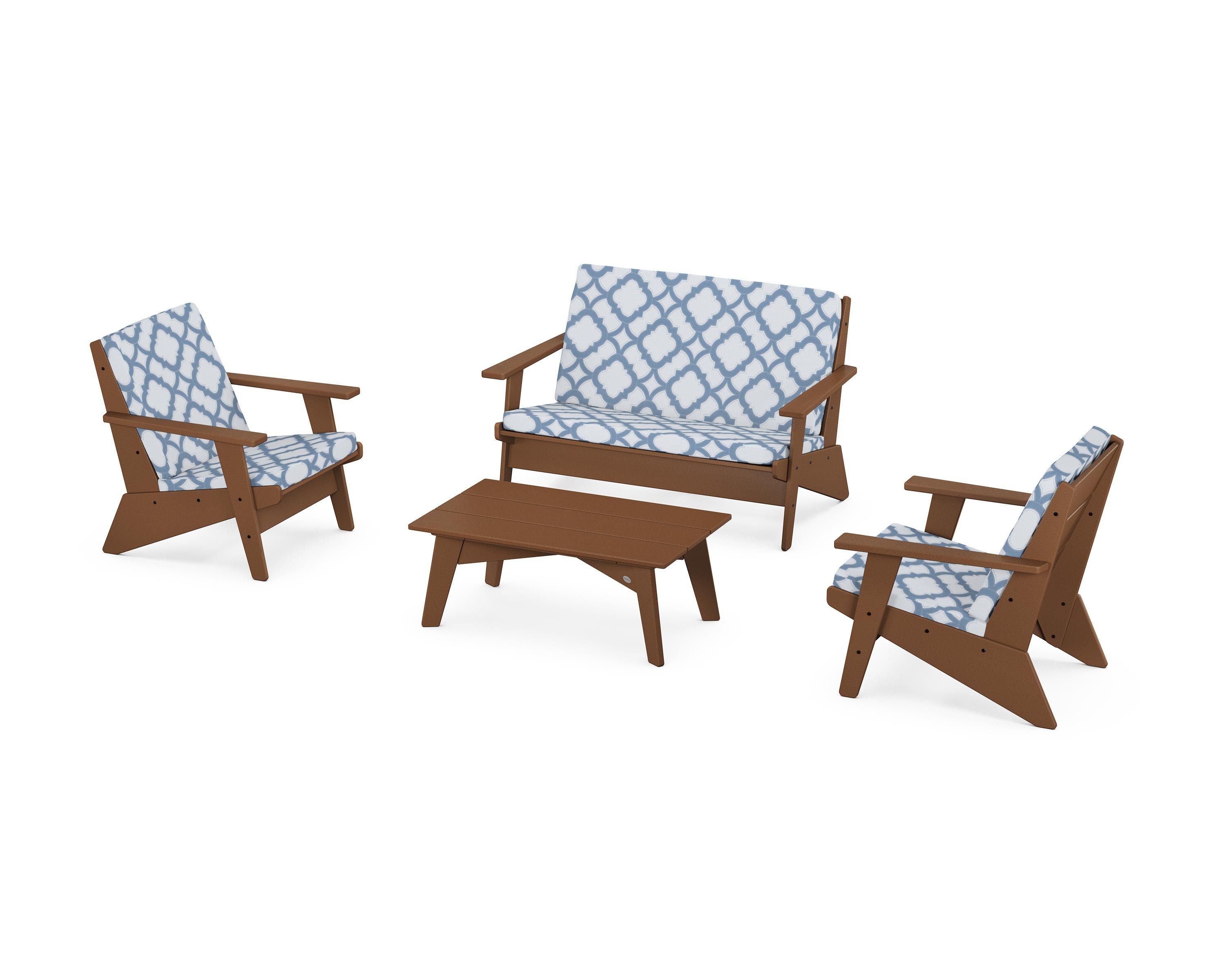 POLYWOOD® Riviera Modern Lounge 4-Piece Set in Teak / Trellis Sky Blue