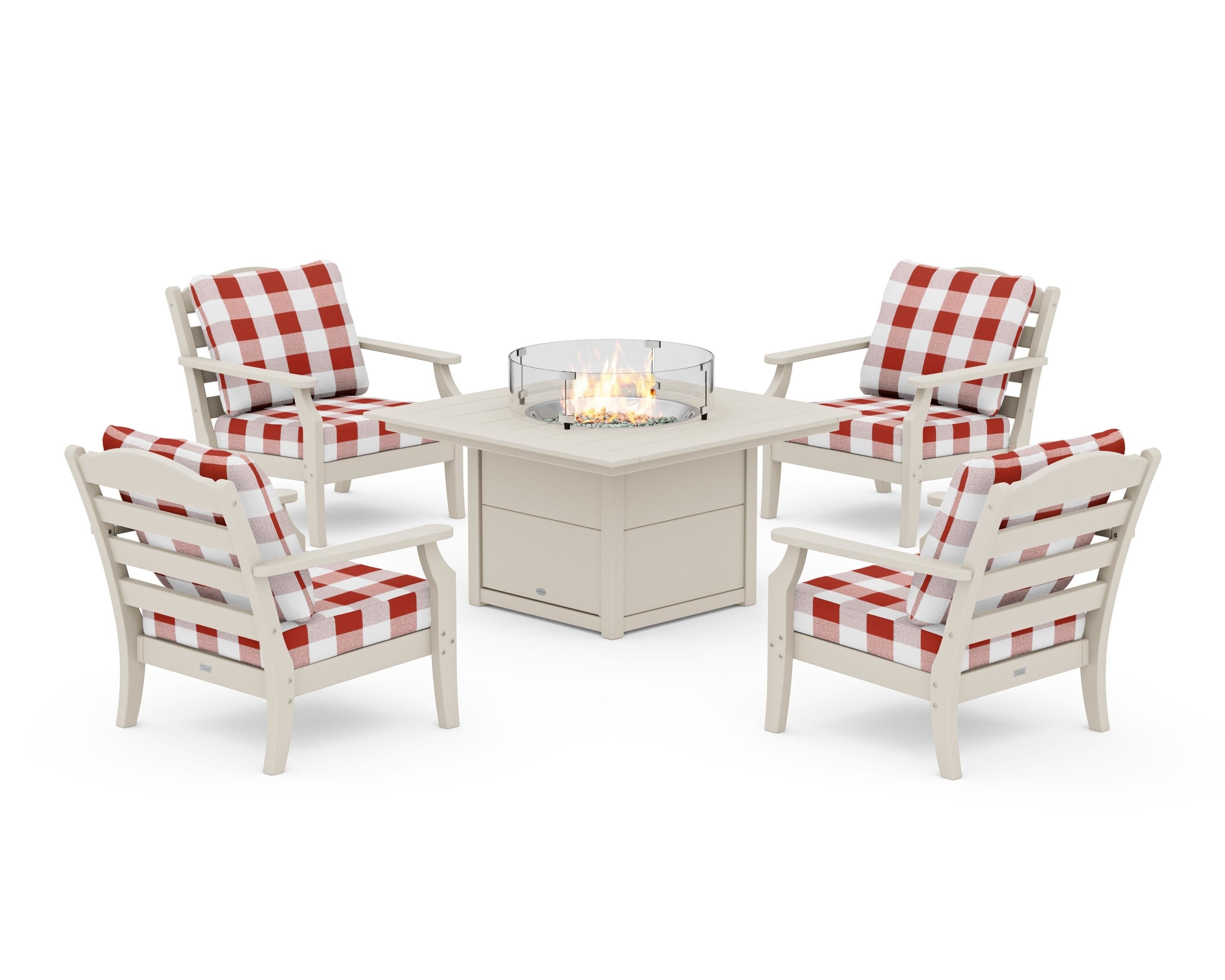 Draper James™ by POLYWOOD® Savannah 5-Piece Deep Seating Set with Fire Pit Table in Sand / Buffalo Plaid Crimson