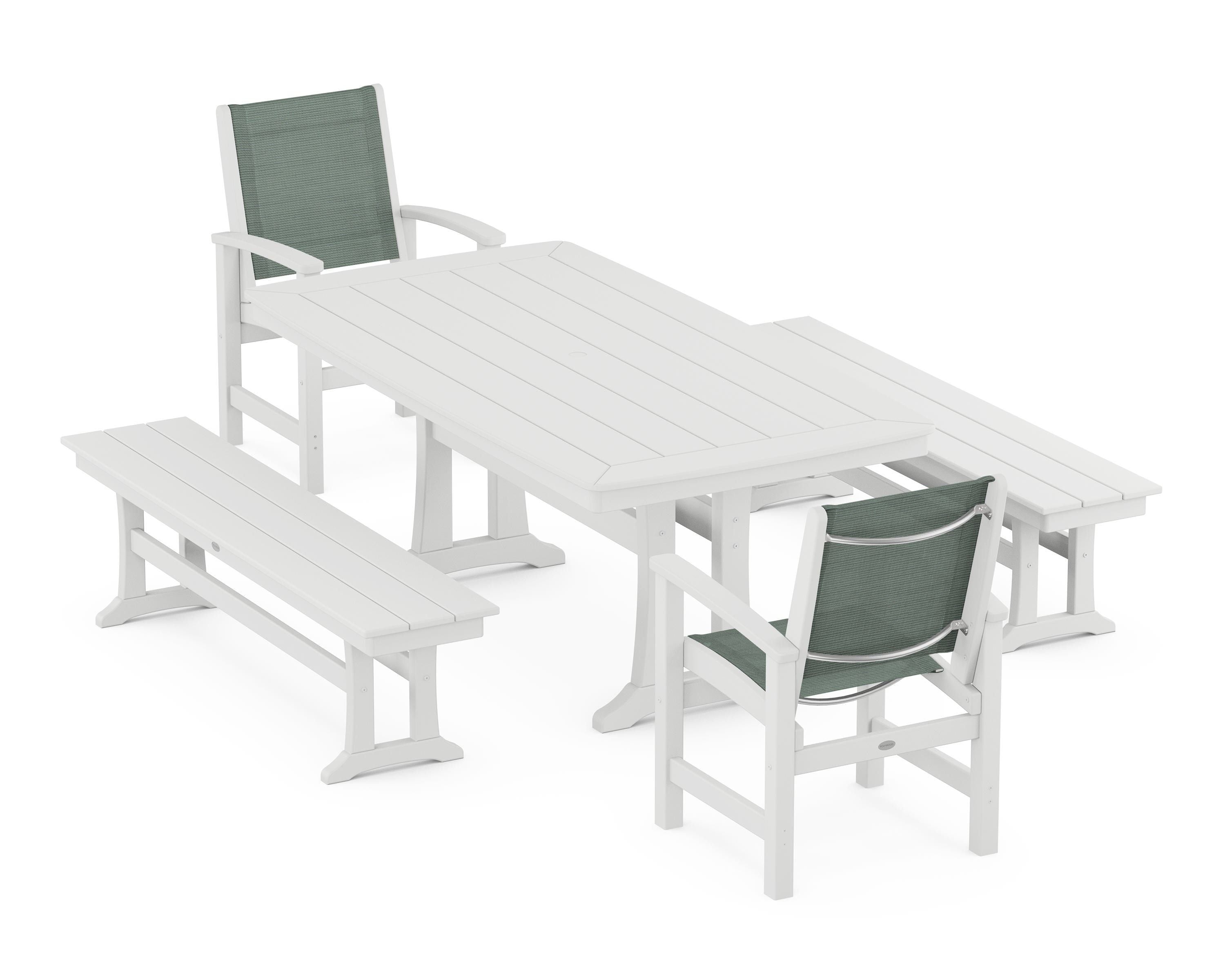 POLYWOOD® Coastal 5-Piece Dining Set with Trestle Legs and Benches in White / Dupioni Sea Mist Sling