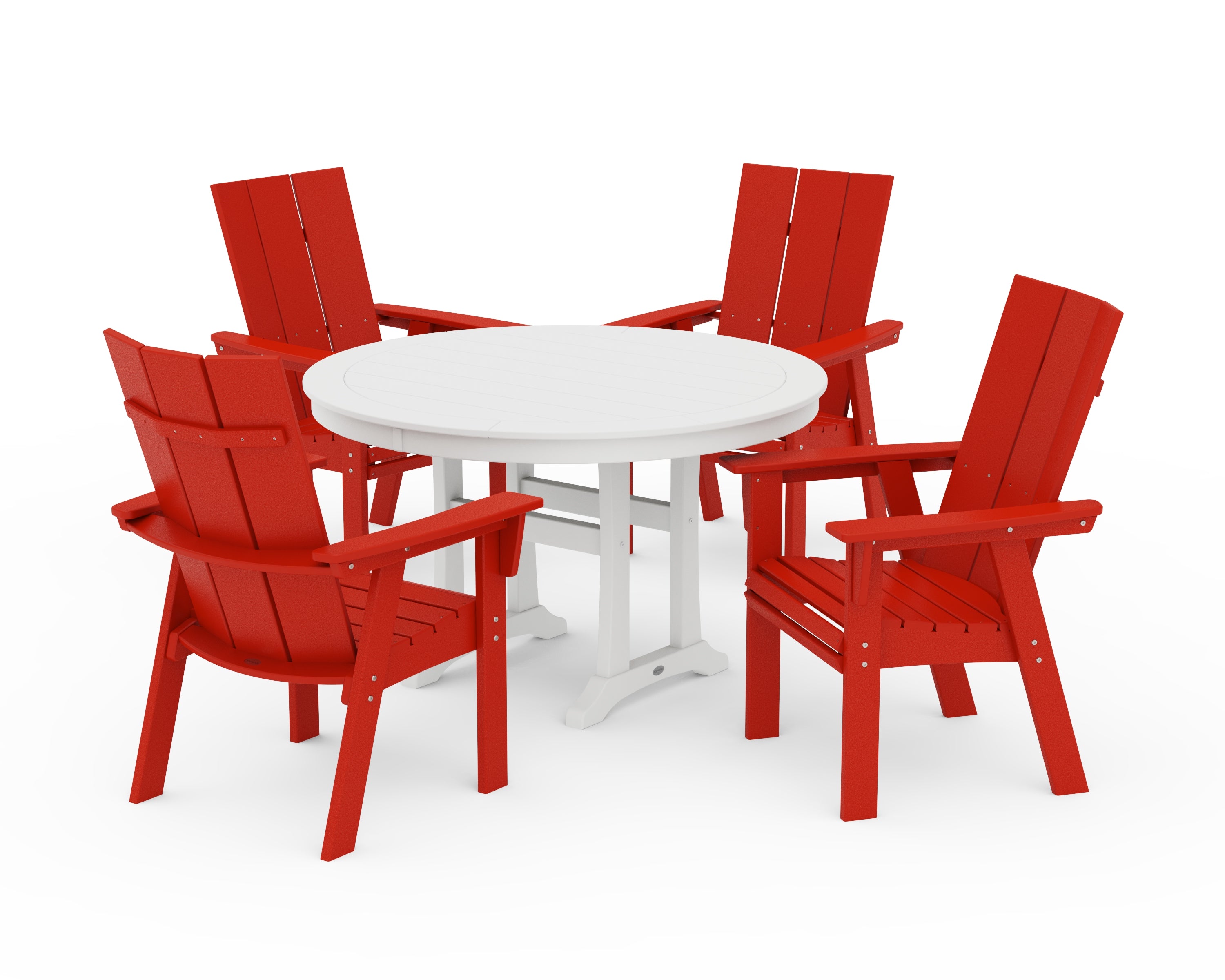 POLYWOOD® Modern Curveback Adirondack 5-Piece Nautical Trestle Dining Set in Sunset Red / White