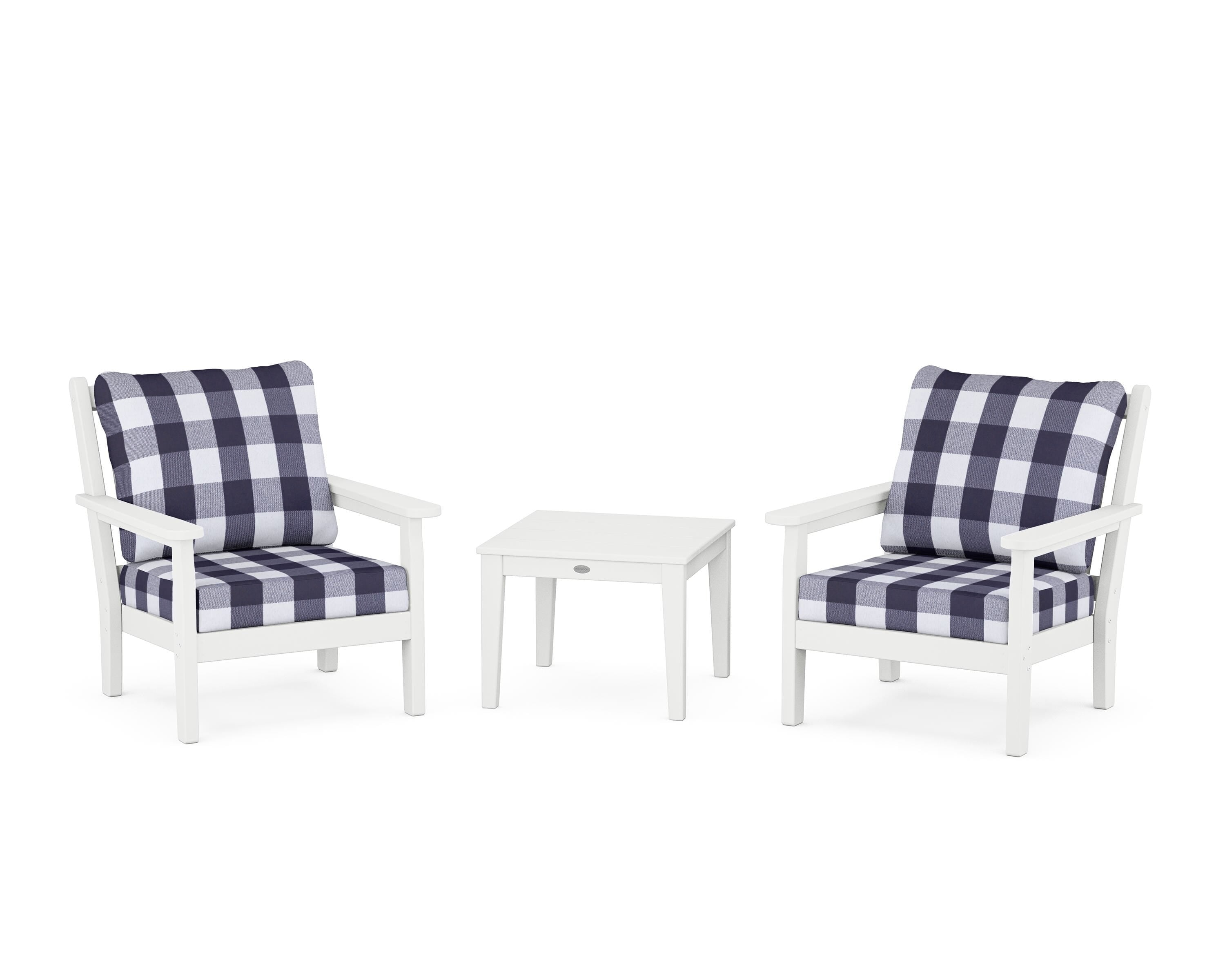 POLYWOOD® Chippendale 3-Piece Deep Seating Set in White / Buffalo Plaid Navy