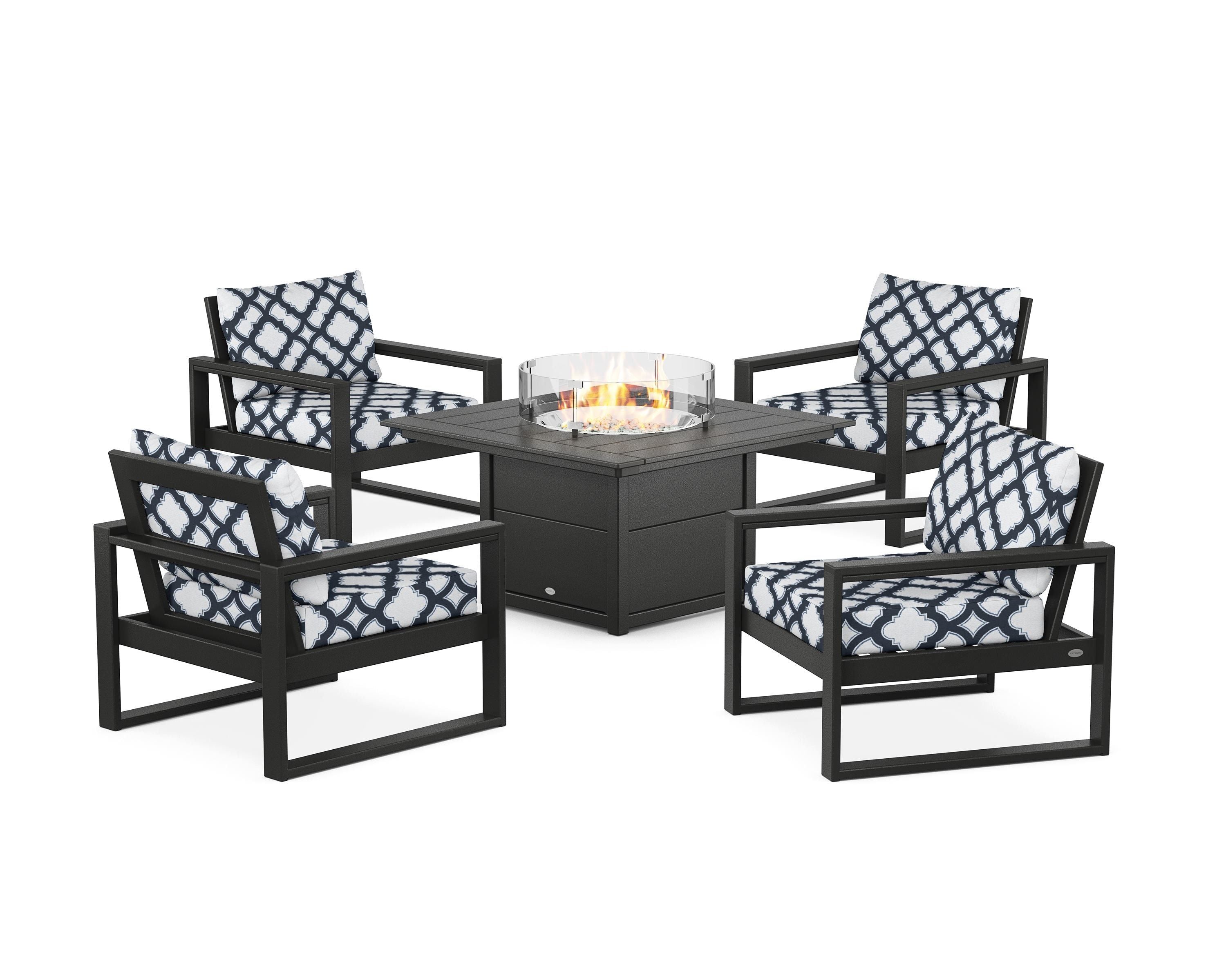 POLYWOOD® EDGE Sectional 5-Piece Deep Seating Set with Fire Pit Table in Black / Trellis Marine Indigo