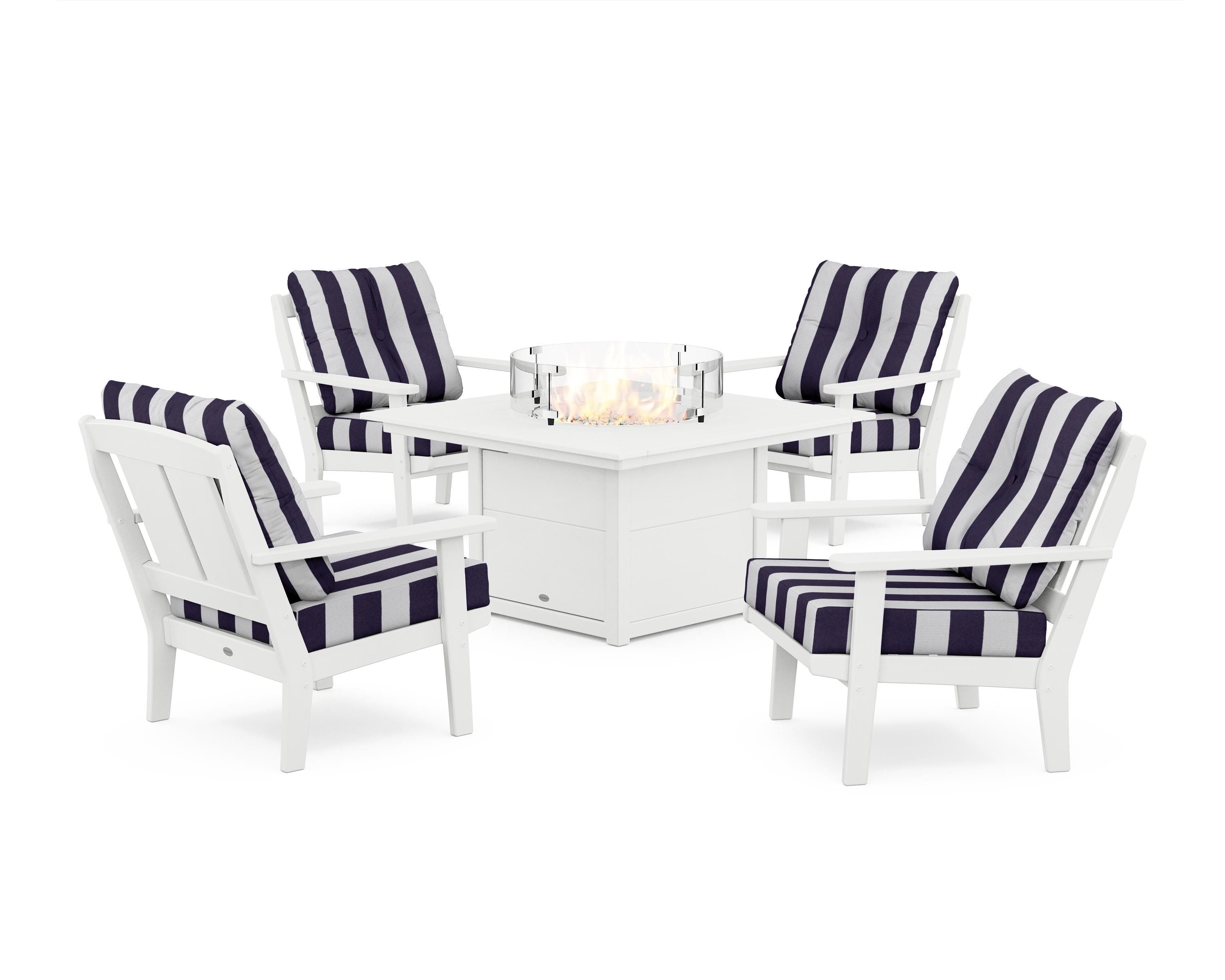 POLYWOOD® Mission 5-Piece Deep Seating Set with Fire Pit Table in White / Cabana Stripe Navy