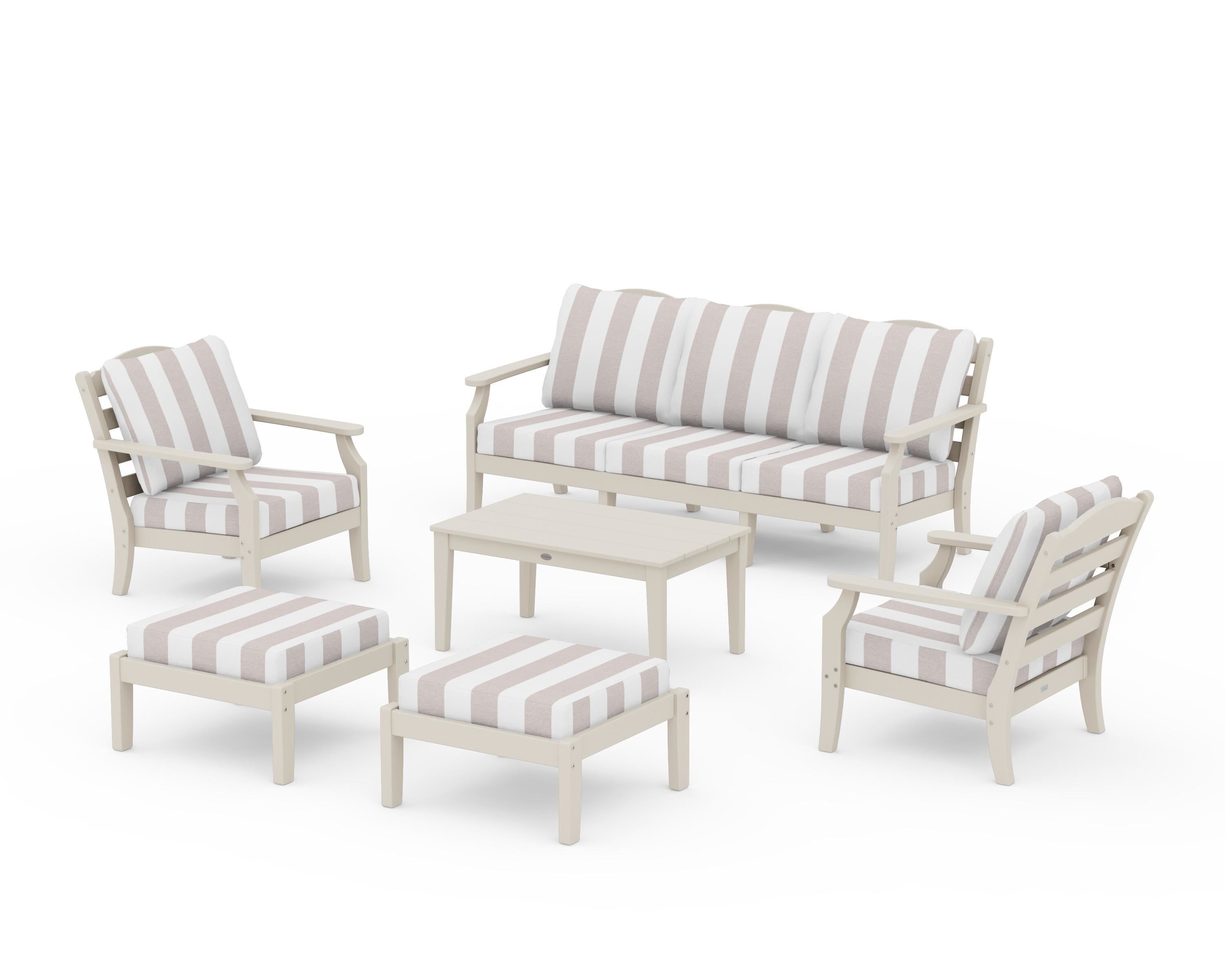Draper James™ by POLYWOOD® Savannah 6-Piece Lounge Sofa Set in Sand / Cabana Stripe Dune Burlap