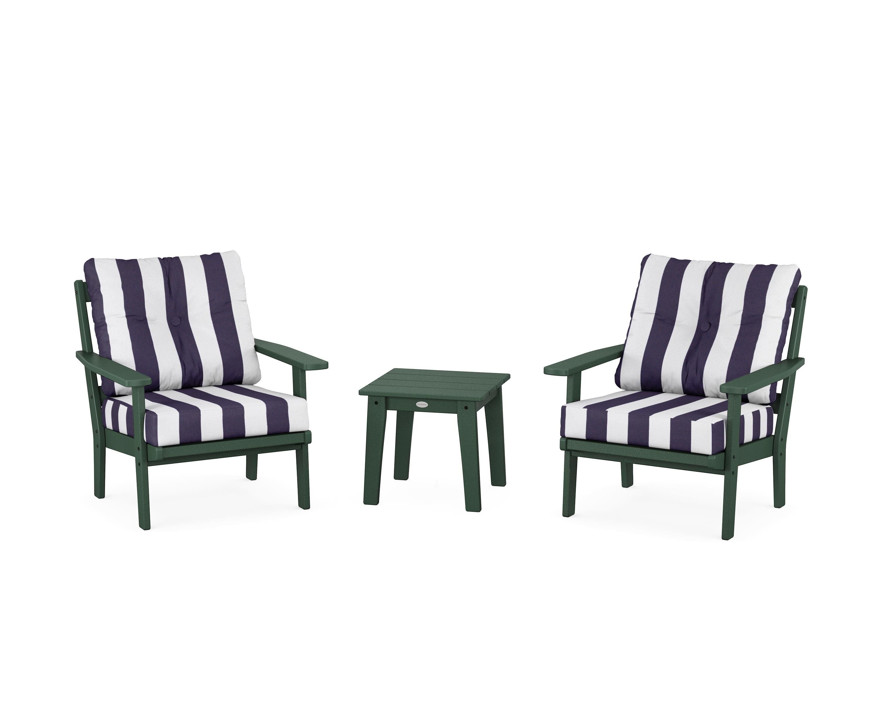 POLYWOOD® Oxford 3-Piece Deep Seating Set in Green / Cabana Stripe Navy