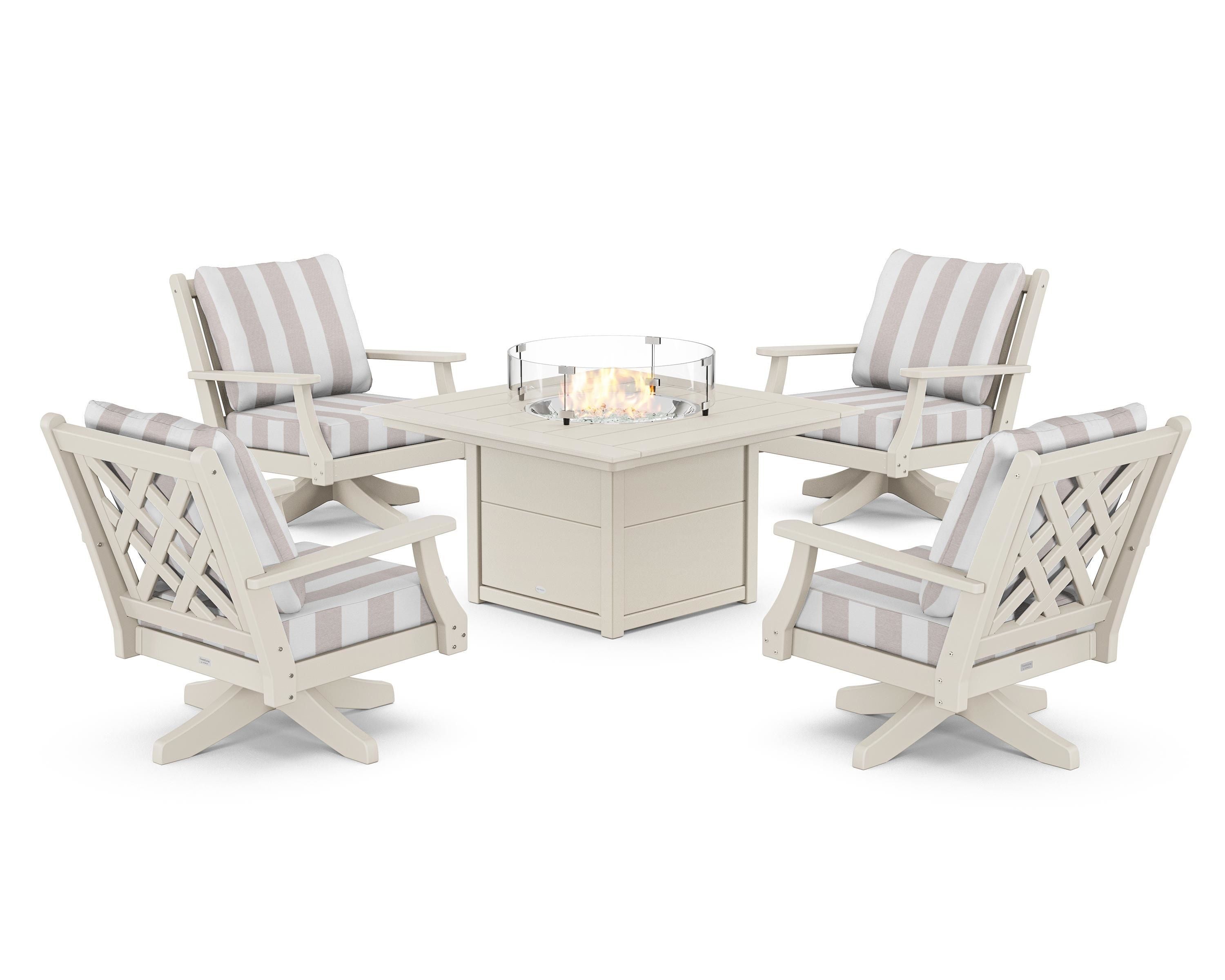 Country Living Wovendale 5-Piece Deep Seating Swivel Conversation Set with Fire Pit Table in Sand / Cabana Stripe Dune Burlap