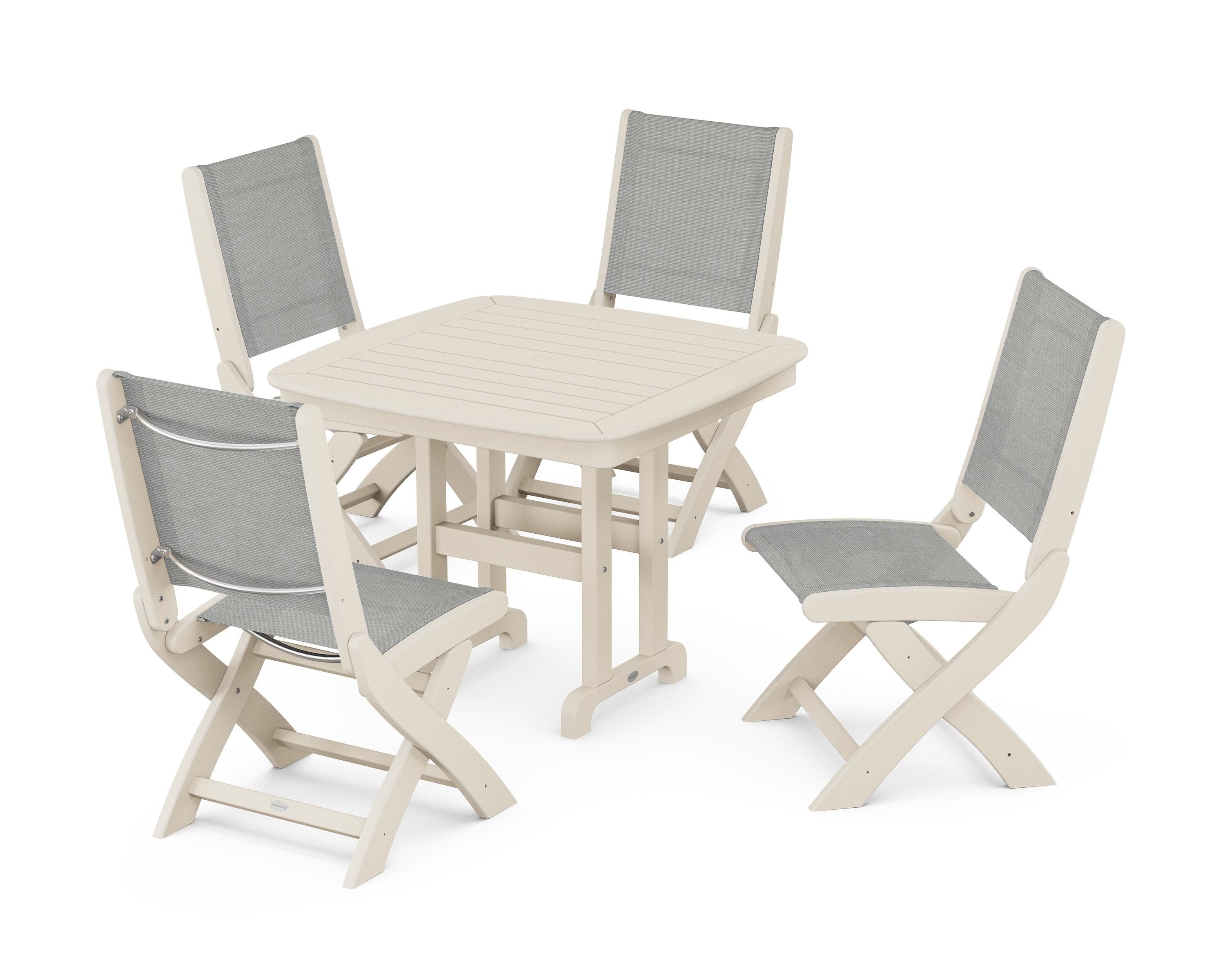POLYWOOD® Coastal Folding Side Chair 5-Piece Dining Set in Sand / Metallic Sling