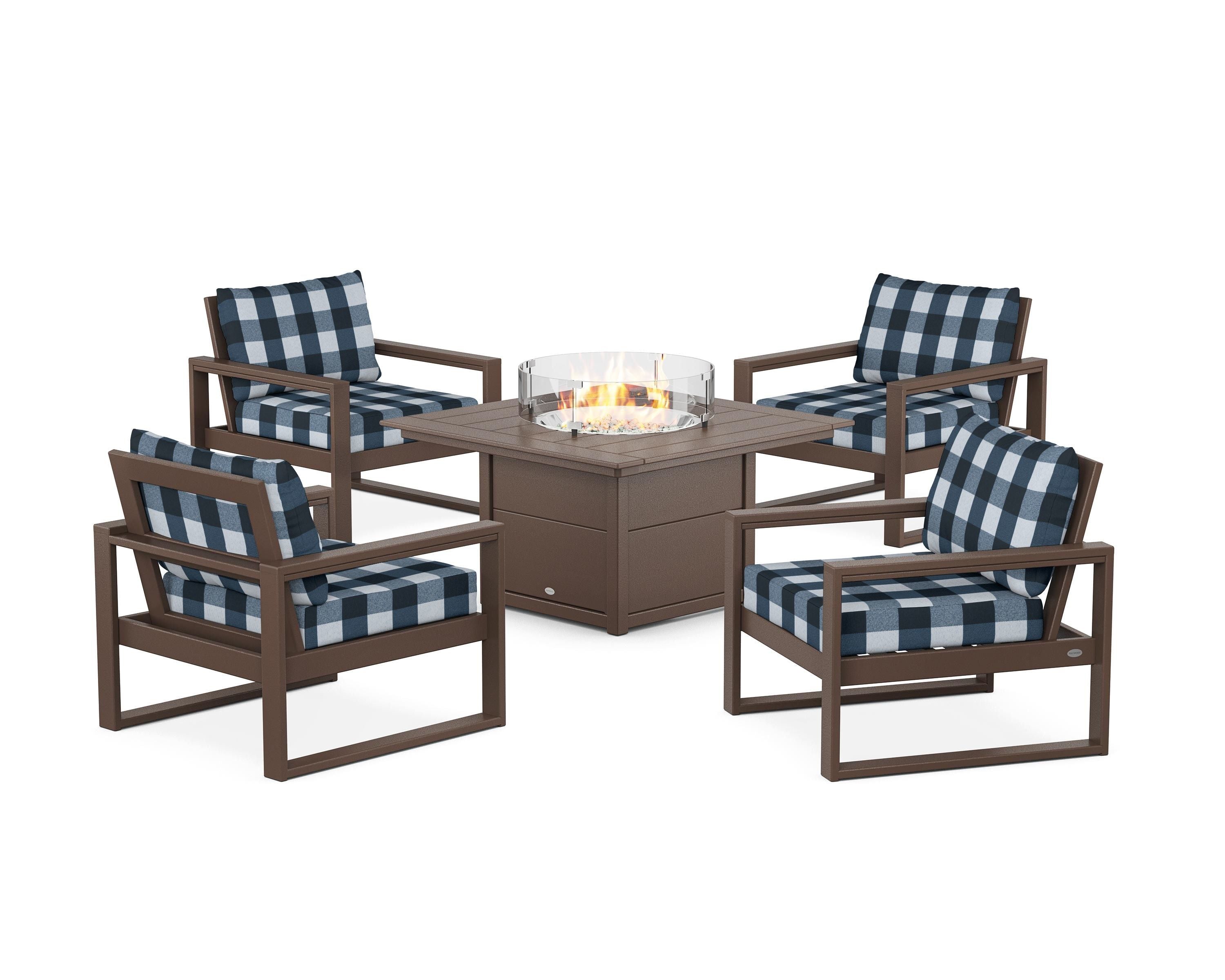 POLYWOOD® EDGE Sectional 5-Piece Deep Seating Set with Fire Pit Table in Mahogany / Buffalo Plaid Marine Indigo