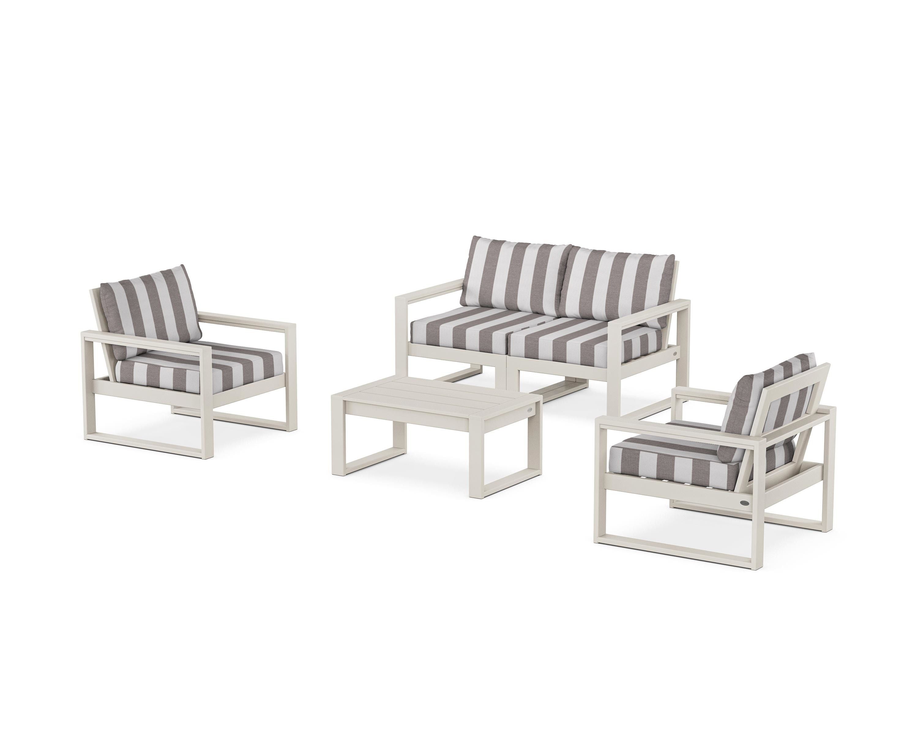 POLYWOOD® EDGE Sectional 4-Piece Deep Seating Set with Loveseat in Sand / Cabana Stripe Grey Mist