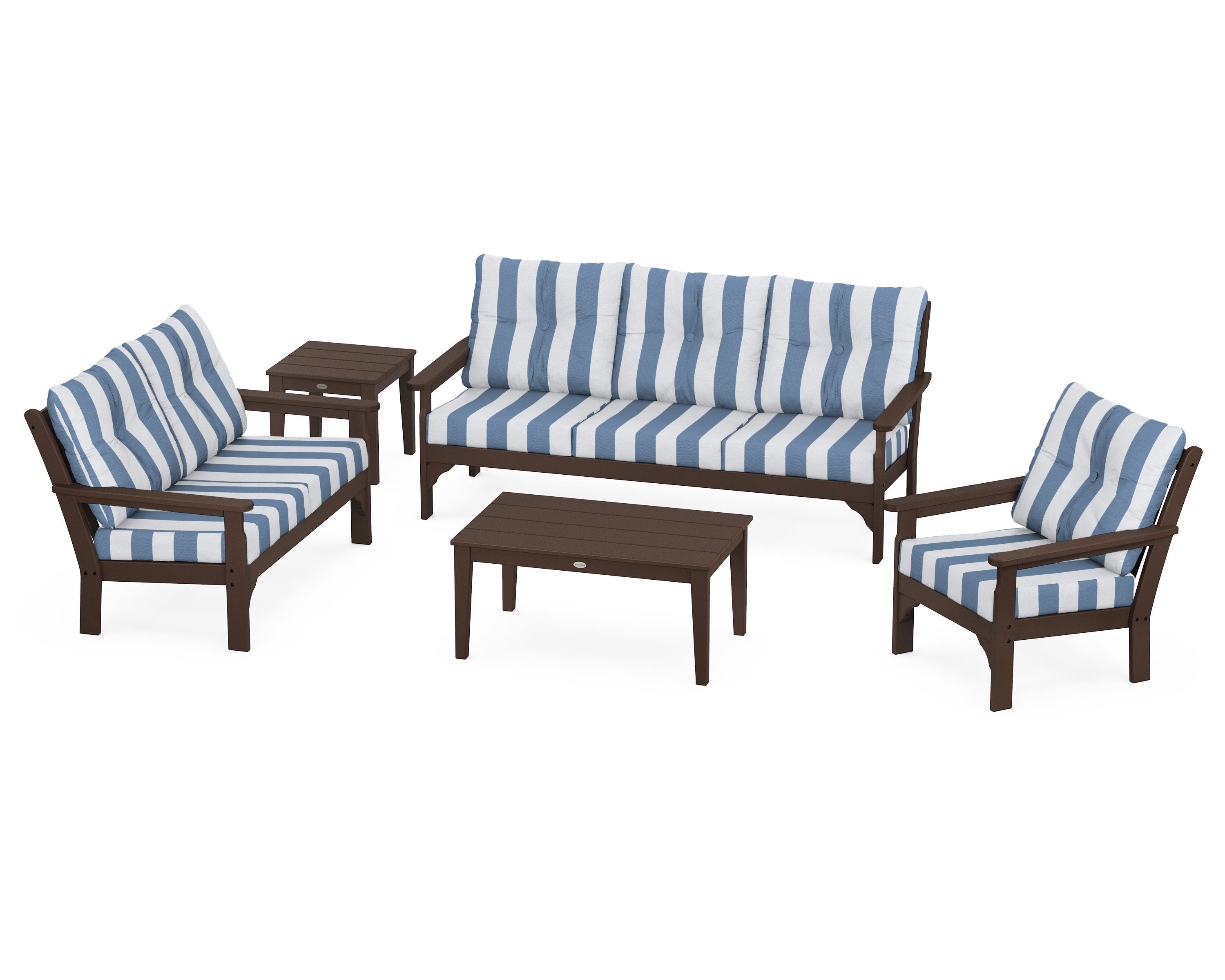 POLYWOOD® Vineyard 5 Piece Deep Seating Set in Mahogany / Cabana Stripe Sky Blue