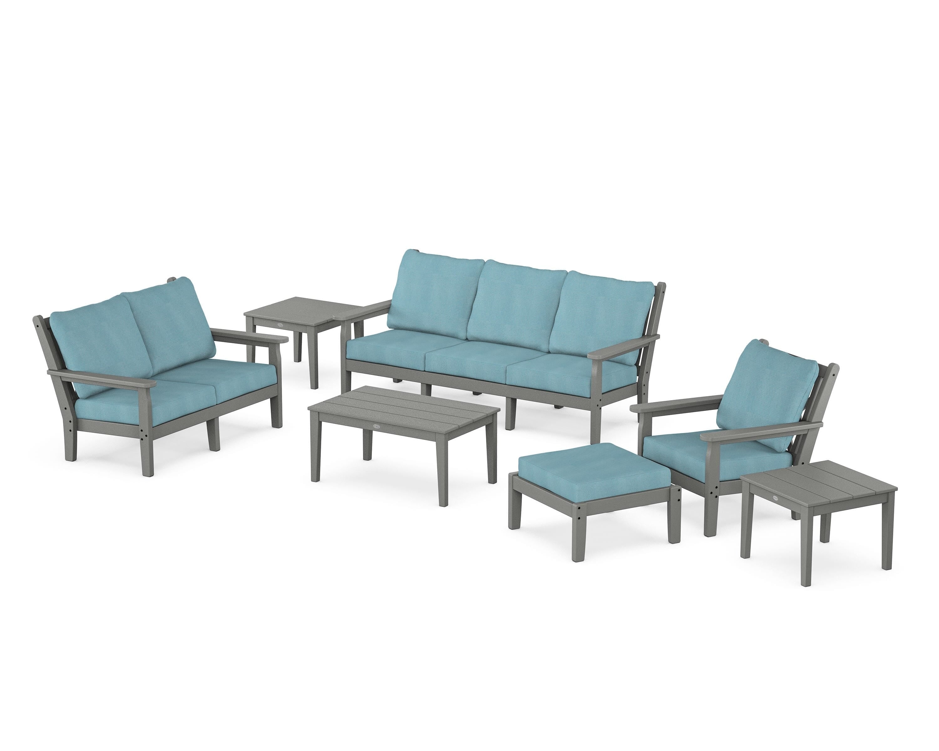 POLYWOOD® Chippendale 7-Piece Deep Seating Set in Slate Grey / Lattice Sky Blue