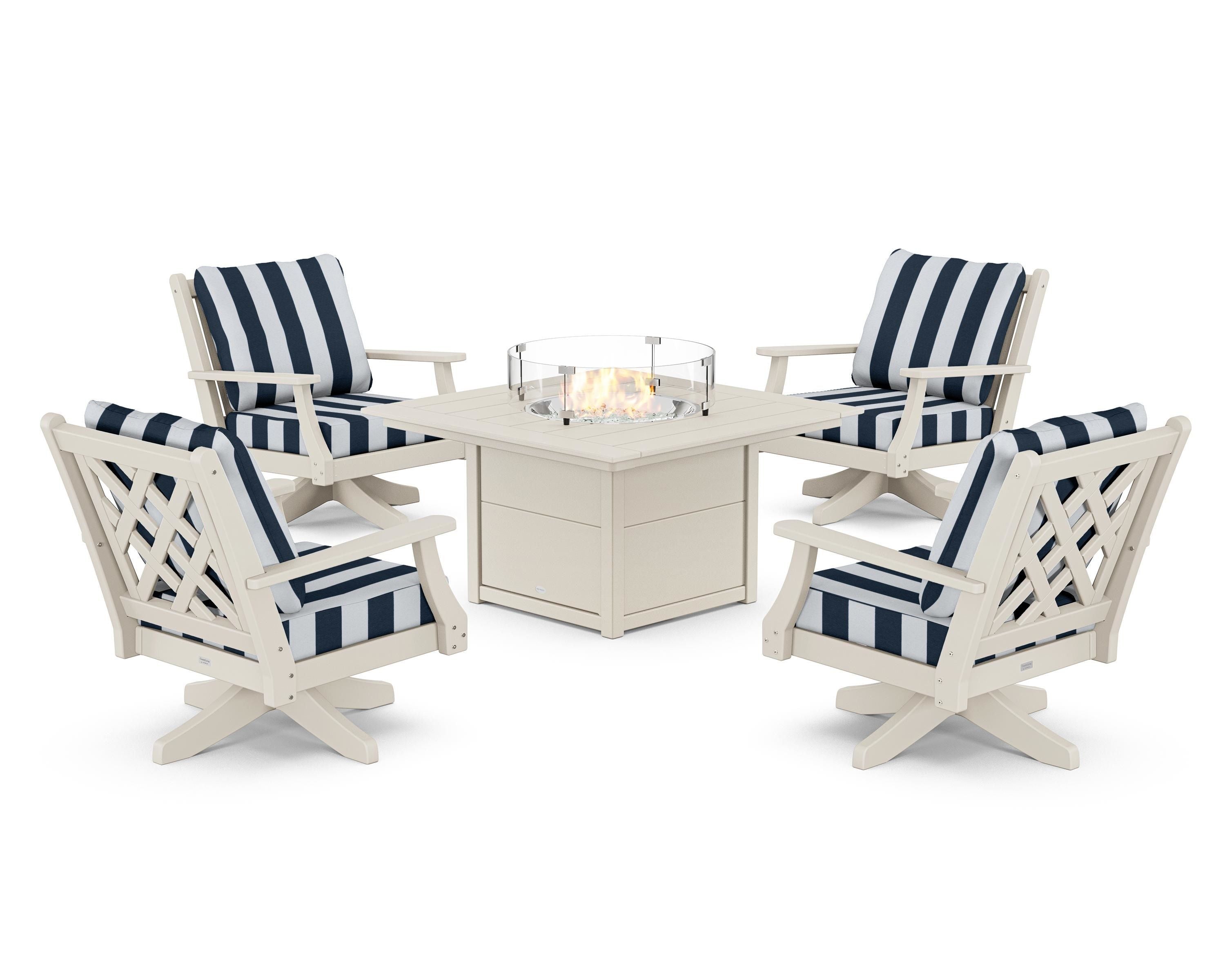 Country Living Wovendale 5-Piece Deep Seating Swivel Conversation Set with Fire Pit Table in Sand / Cabana Stripe Marine Indigo