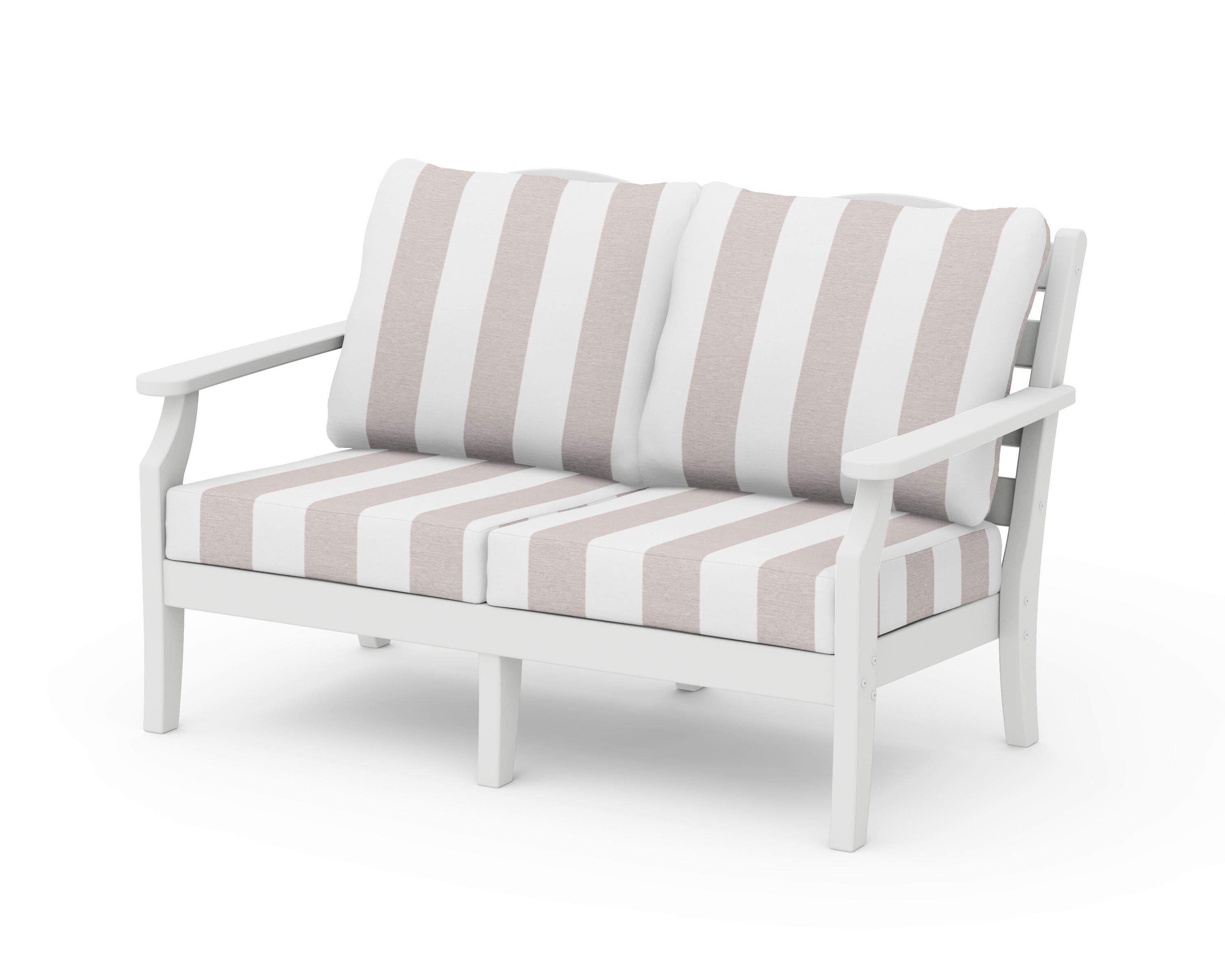 Draper James™ by POLYWOOD® Savannah Deep Seating Loveseat in White / Cabana Stripe Dune Burlap