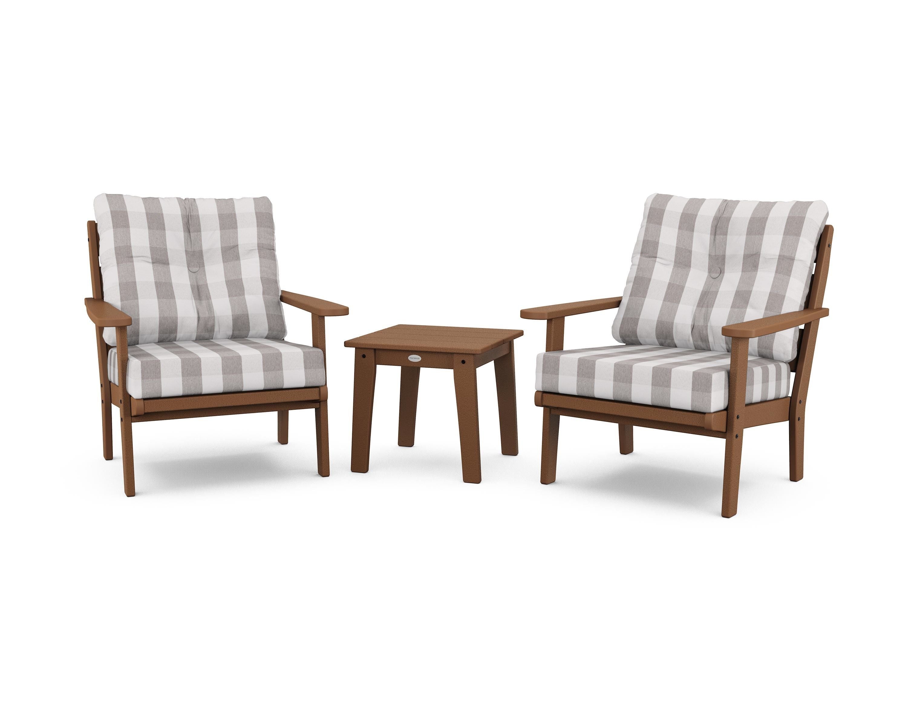 POLYWOOD® Lakeside 3-Piece Deep Seating Chair Set in Teak / Buffalo Plaid Grey Mist