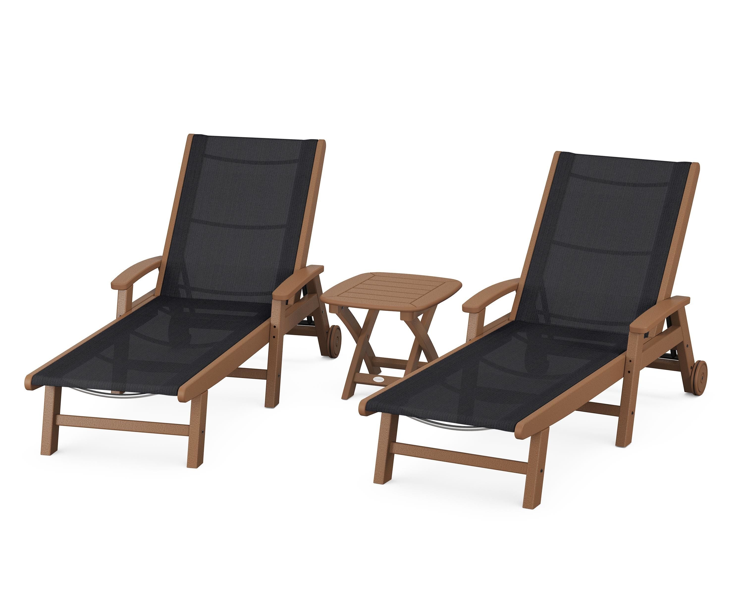 POLYWOOD® Coastal 3-Piece Wheeled Chaise Set in Teak / Black Sling