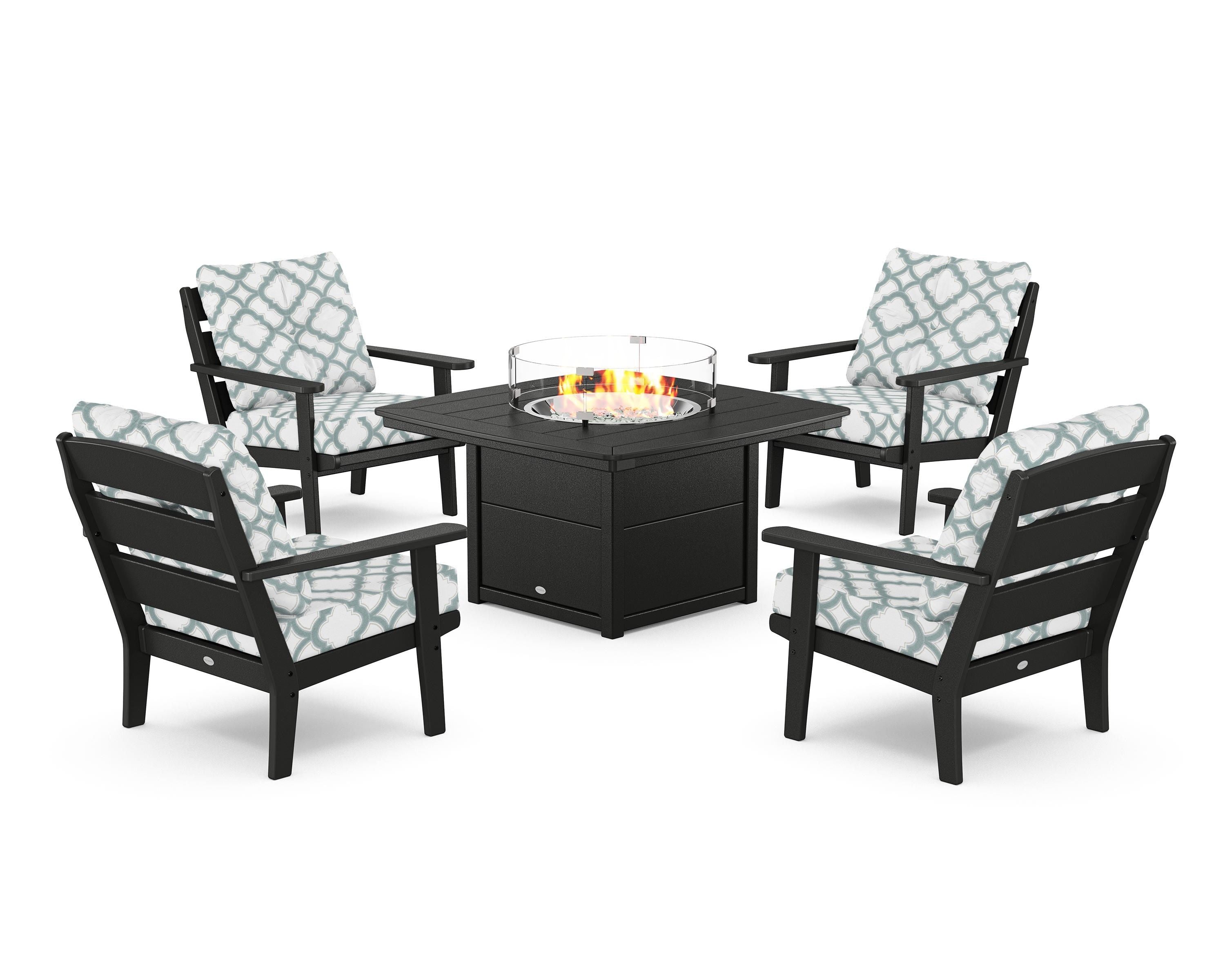 POLYWOOD® Lakeside 5-Piece Deep Seating Set with Nautical Fire Pit Table in Black / Trellis Glacier Spa