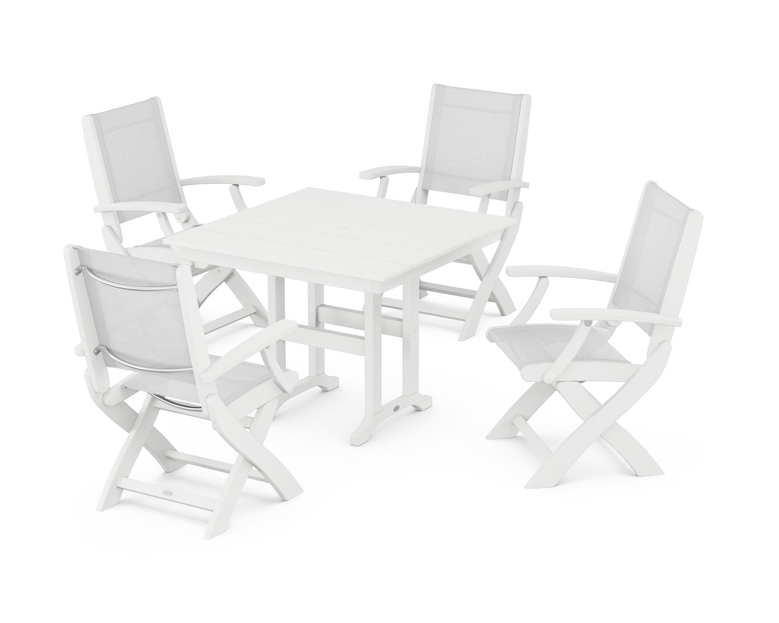 POLYWOOD® Coastal Folding Chair 5-Piece Farmhouse Dining Set in White / White Sling
