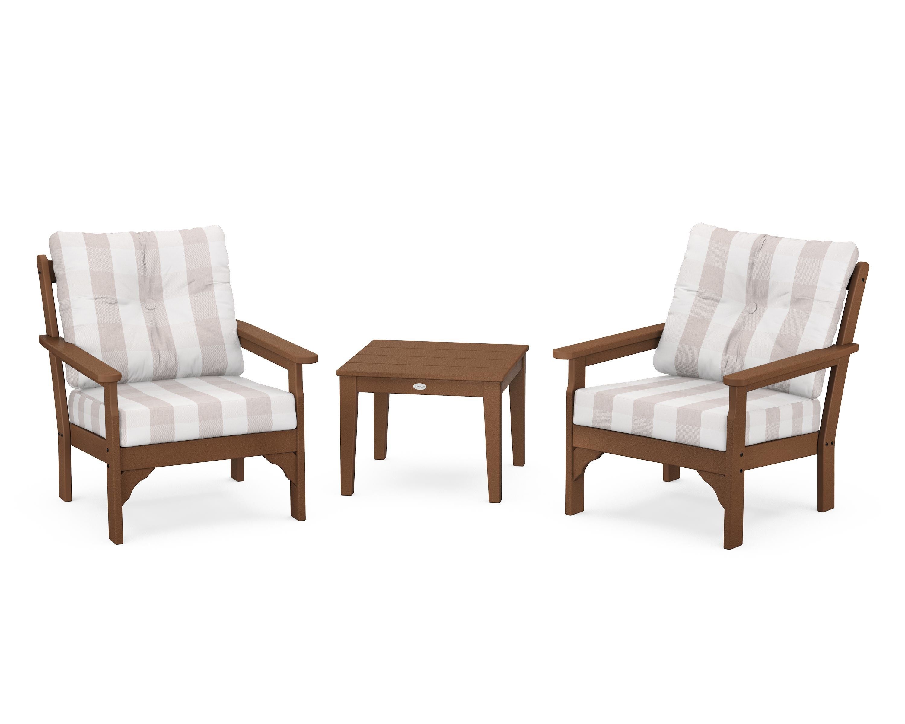 POLYWOOD® Vineyard 3-Piece Deep Seating Set in Teak / Buffalo Plaid Dune Burlap