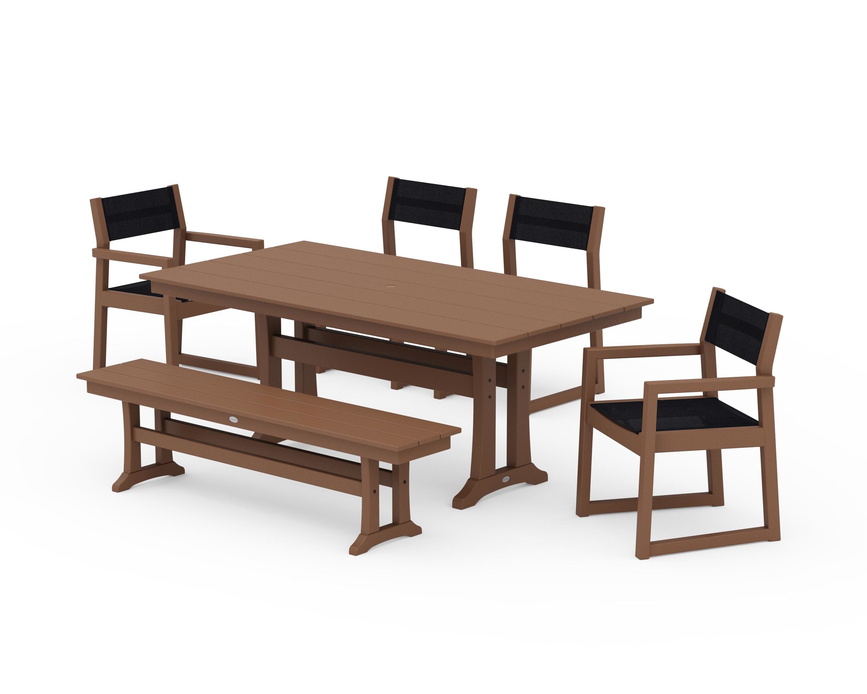 POLYWOOD® EDGE Sling 6-Piece Farmhouse Dining Set With Trestle Legs in Teak / Black Sling