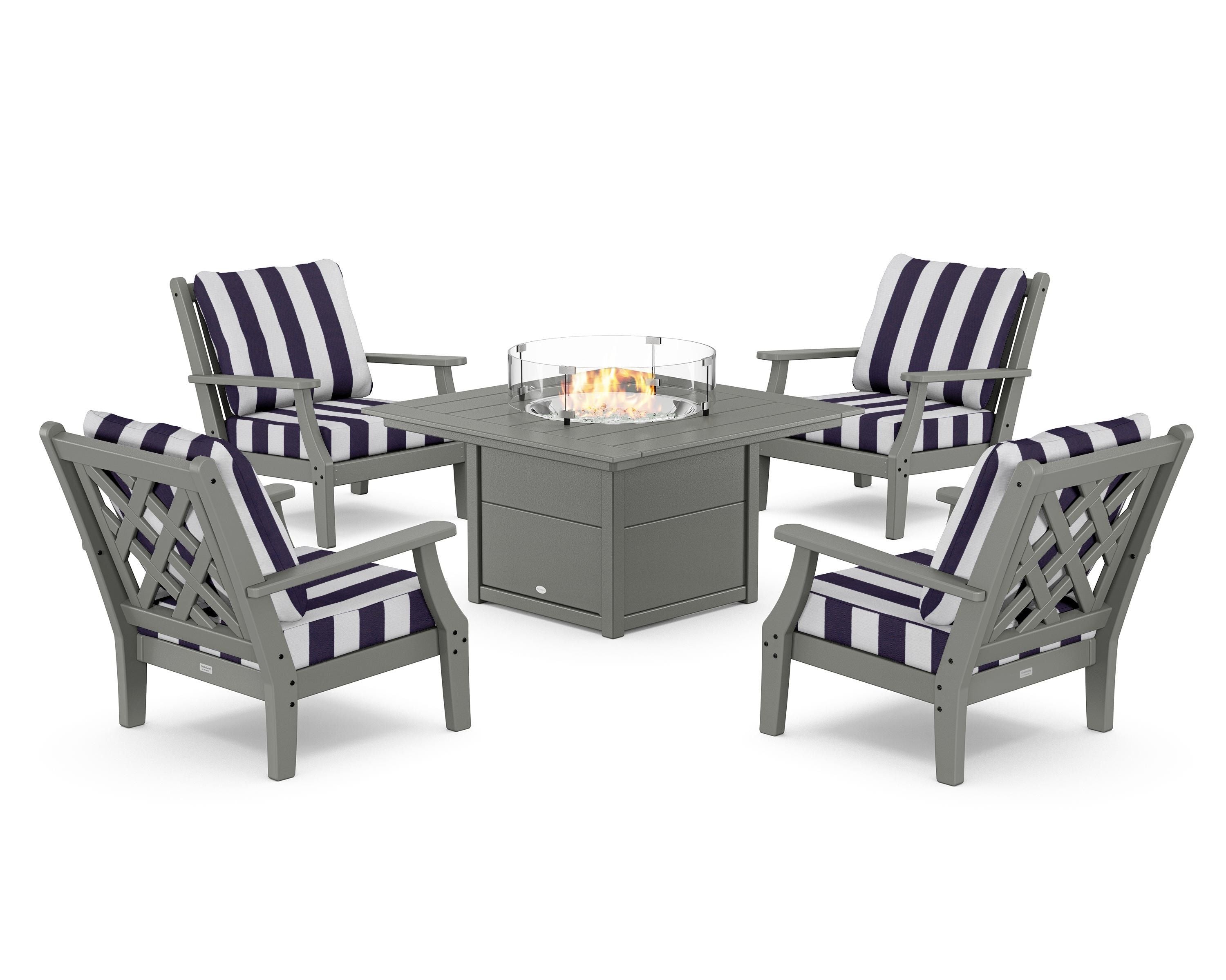 Country Living Wovendale 5-Piece Deep Seating Set with Fire Pit Table in Slate Grey / Cabana Stripe Navy