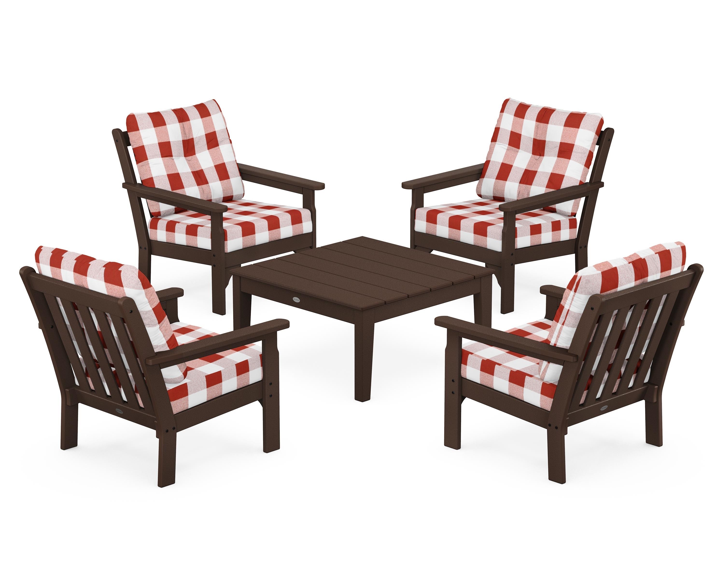 POLYWOOD® Vineyard 5-Piece Deep Seating Conversation Set in Mahogany / Buffalo Plaid Crimson