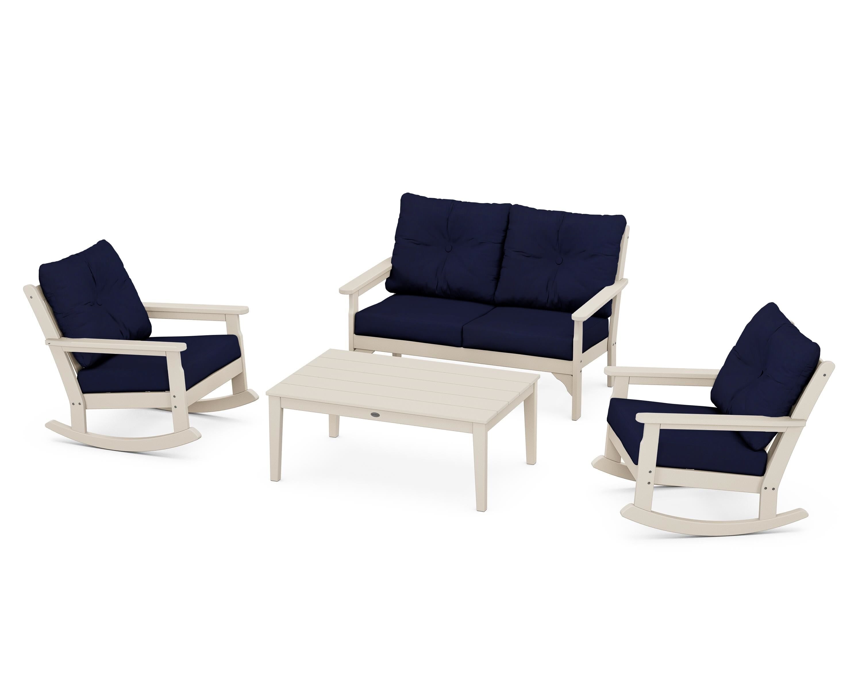 POLYWOOD® Vineyard 4-Piece Deep Seating Rocking Chair Set in Sand / Navy