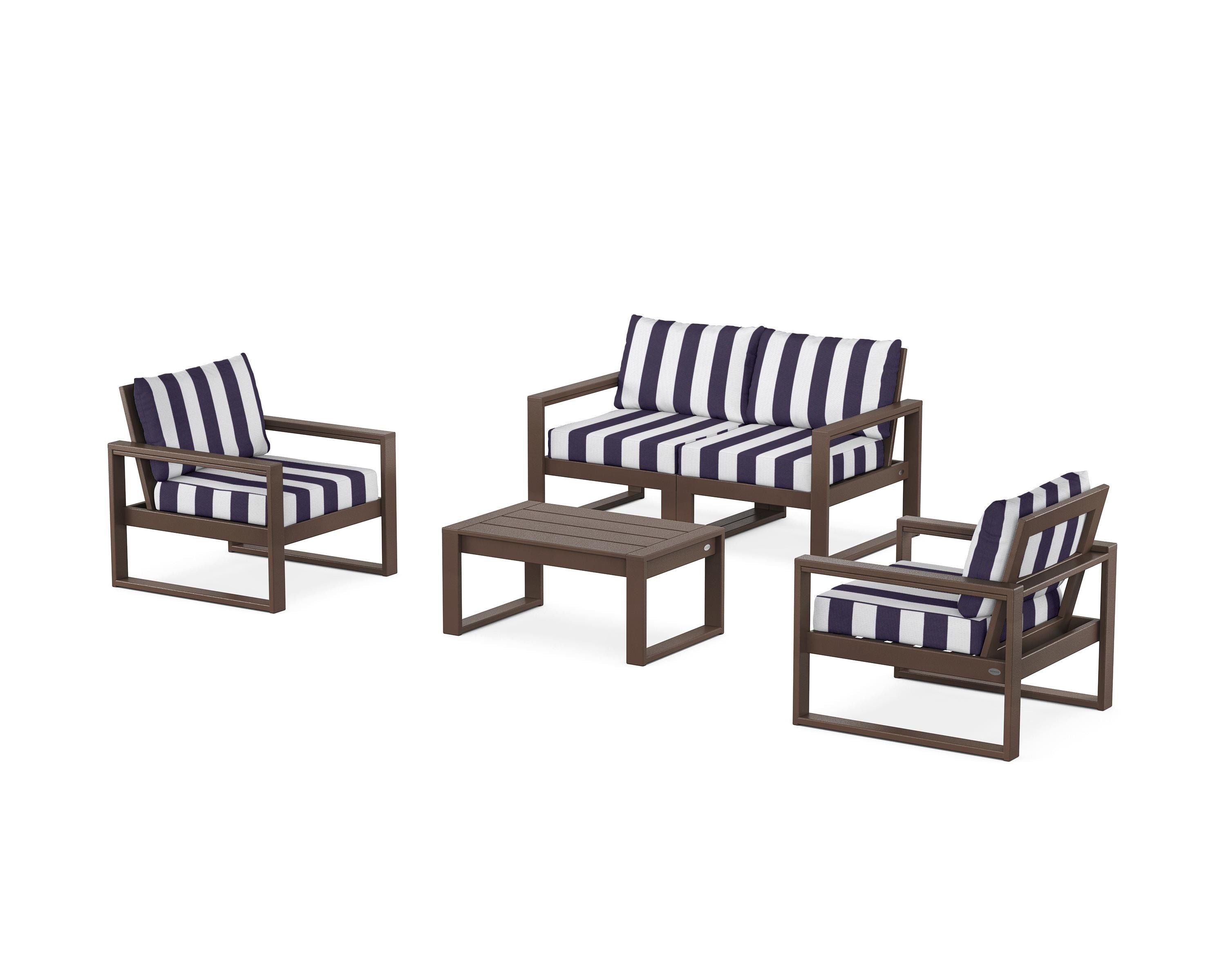 POLYWOOD® EDGE Sectional 4-Piece Deep Seating Set with Loveseat in Mahogany / Cabana Stripe Navy