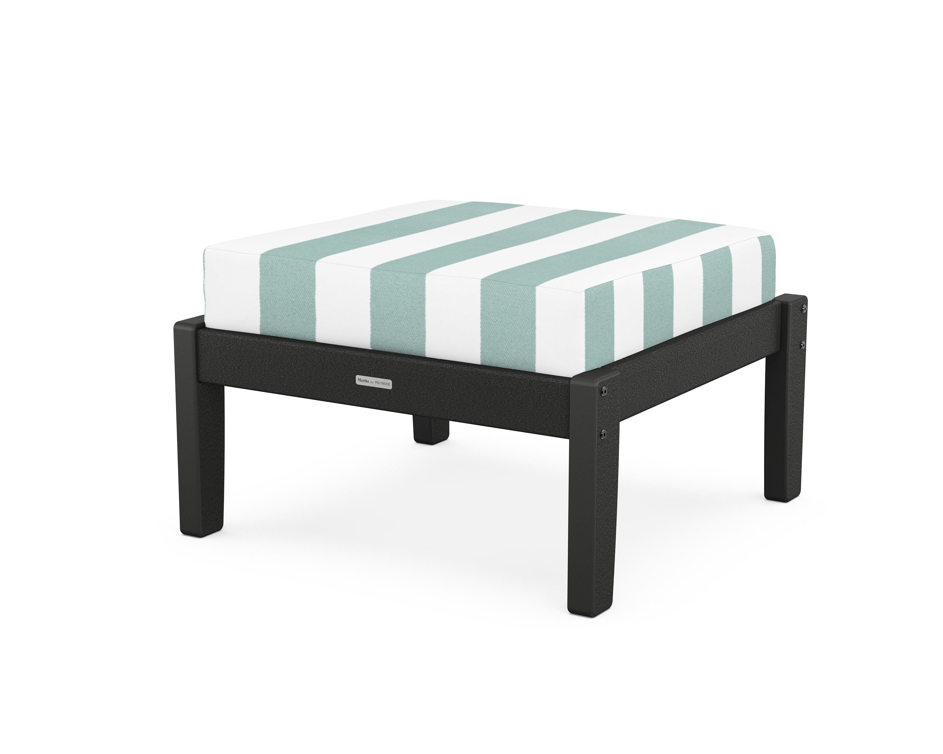 Martha Stewart by POLYWOOD® Chinoiserie Deep Seating Ottoman in Black / Cabana Stripe Glacier Spa
